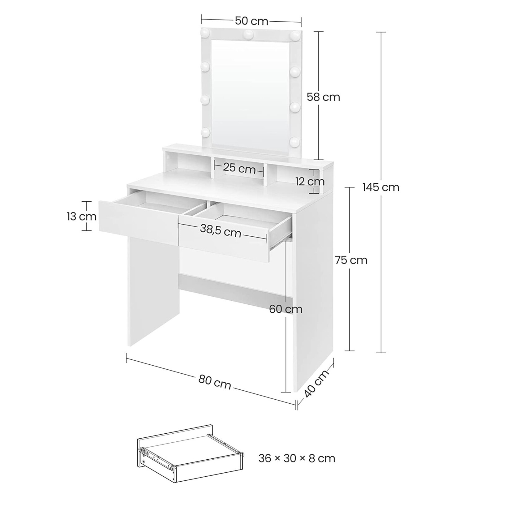 Bobbel Home Bobbel Home - White Dressing table - Rectangular mirror - Light bulbs - 2 drawers and 3 open compartments - White