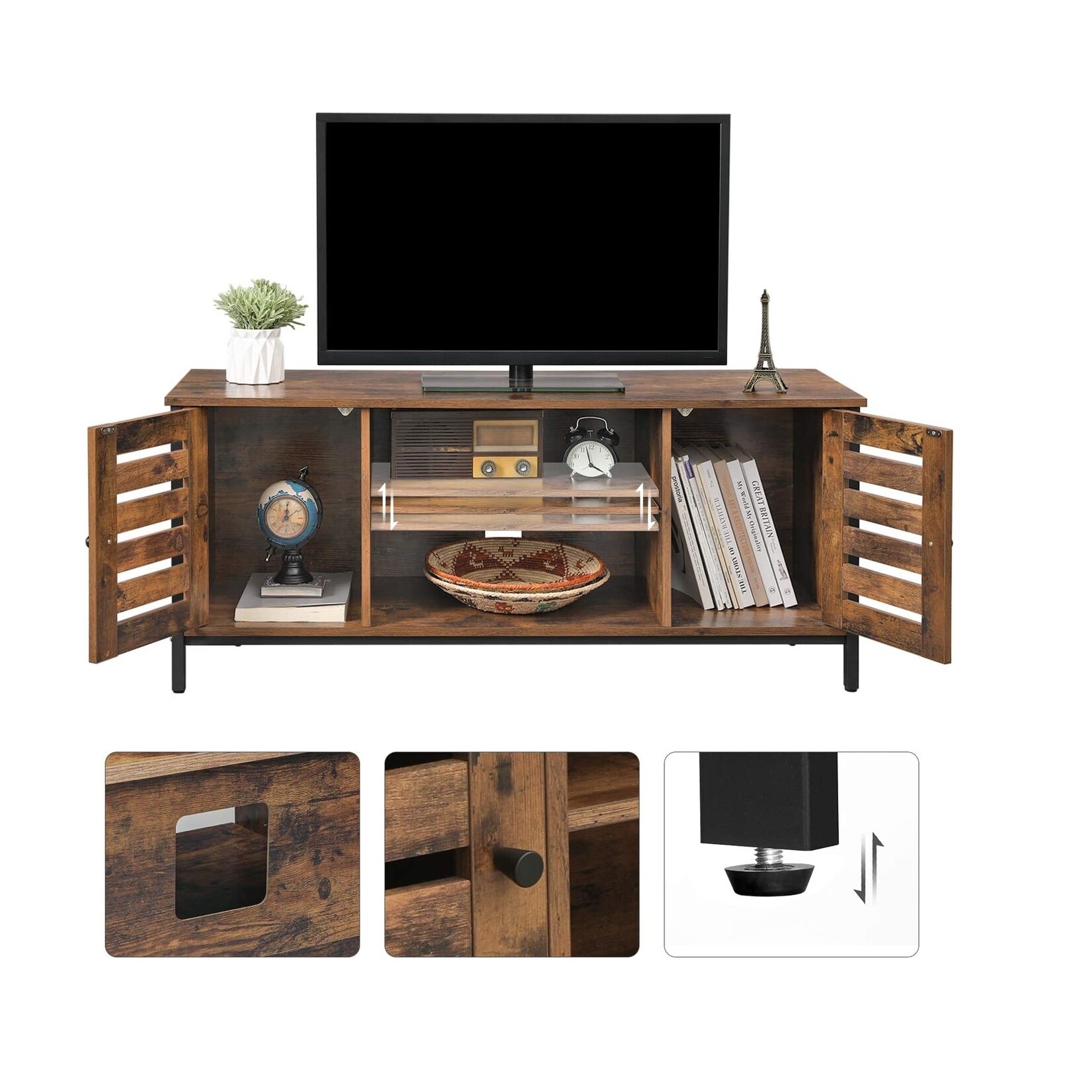 Bobbel Home Tv meubel industrieel - Houten Televisietafel - TV meubel - 2 kasten en 2 legplanken - Vintage - Donkerbruin