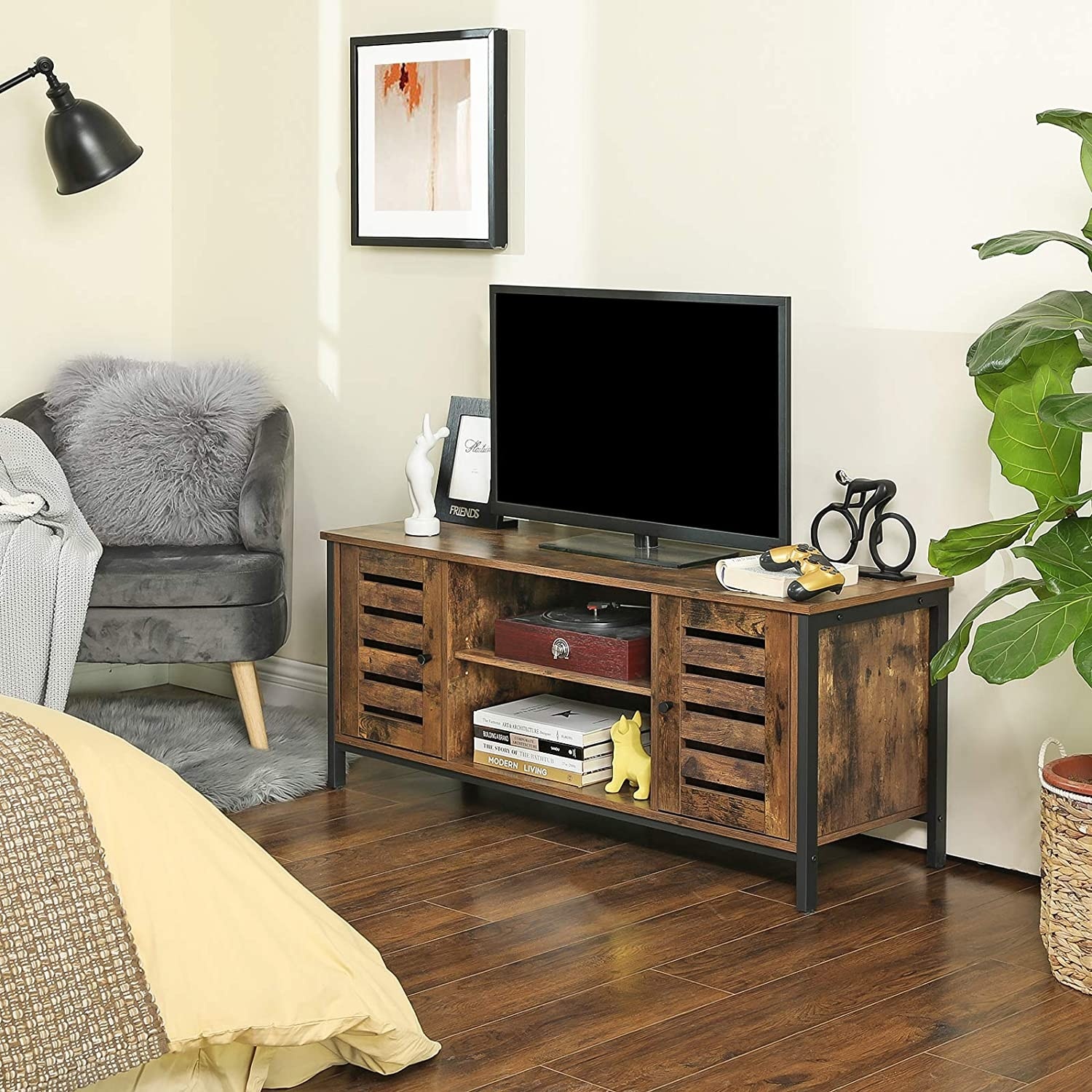Tv meubel industrieel - Houten Televisietafel - TV meubel - 2 kasten en 2 legplanken - Vintage - Donkerbruin