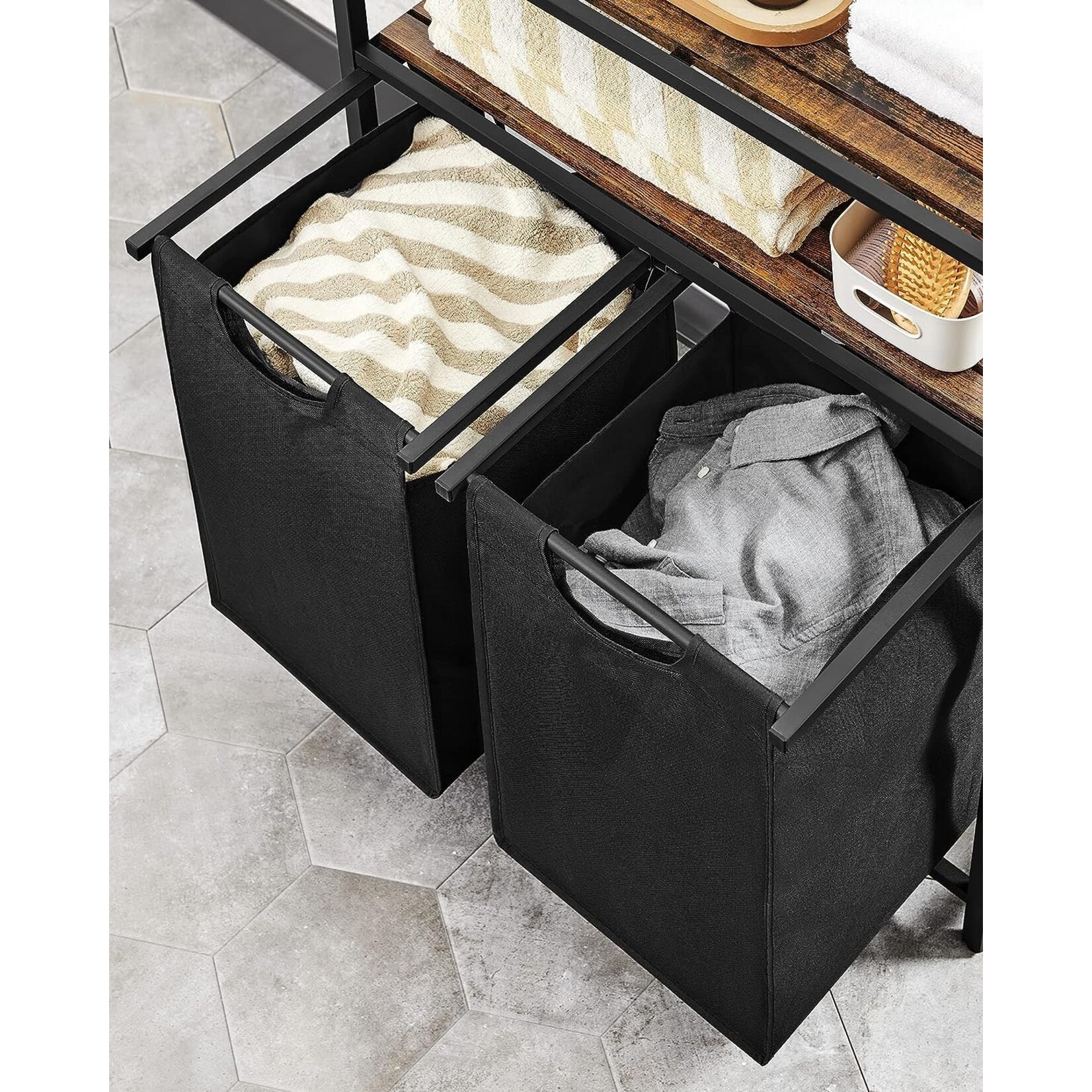 Bobbel Home Bobbel Home - Laundry basket - 2 compartments - 2 shelves - Metal frame - Brown & Black