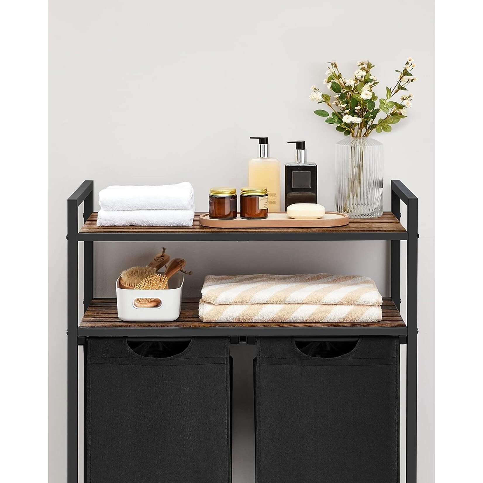 Bobbel Home Bobbel Home - Laundry basket - 2 compartments - 2 shelves - Metal frame - Brown & Black