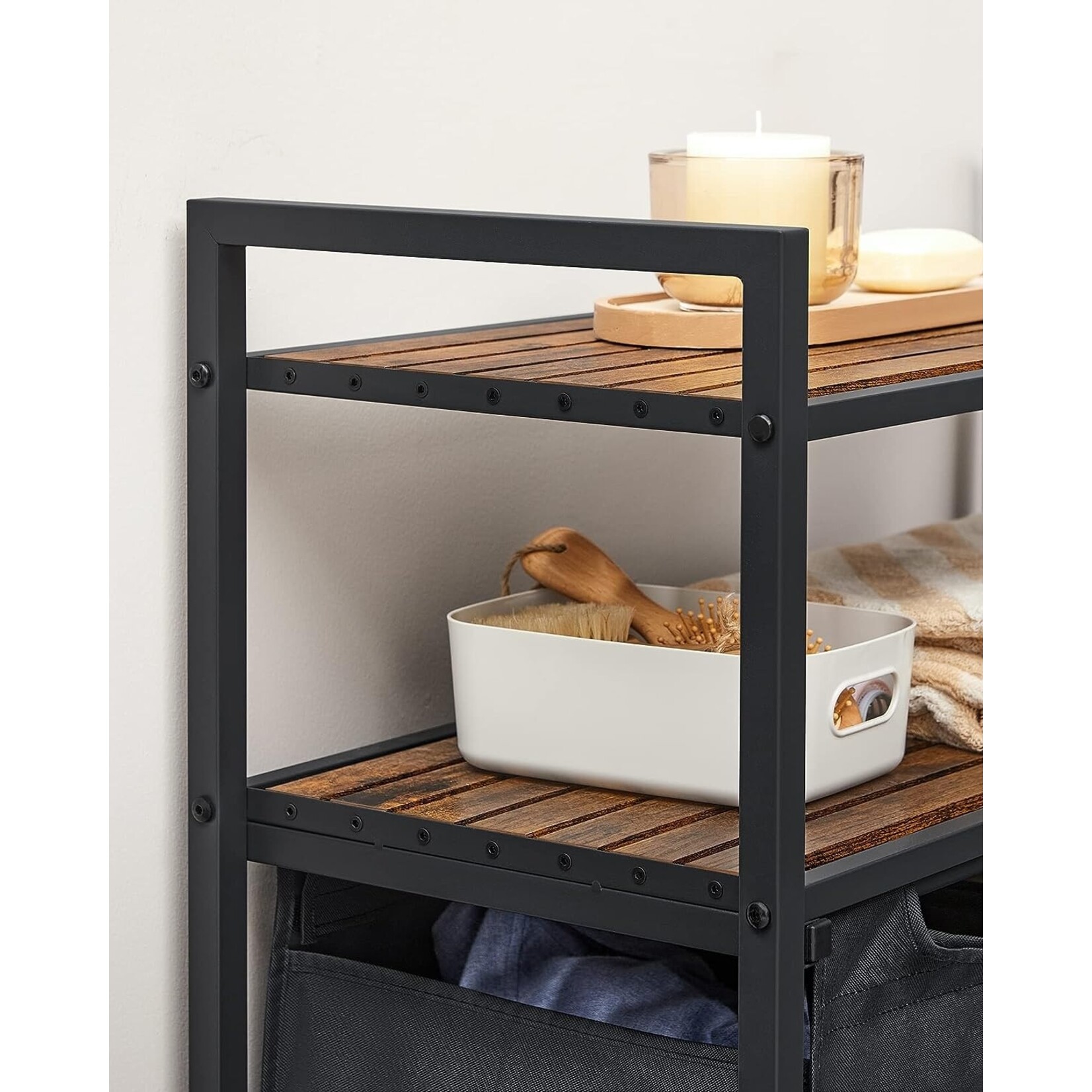 Bobbel Home Bobbel Home - Laundry basket - 2 compartments - 2 shelves - Metal frame - Brown & Black