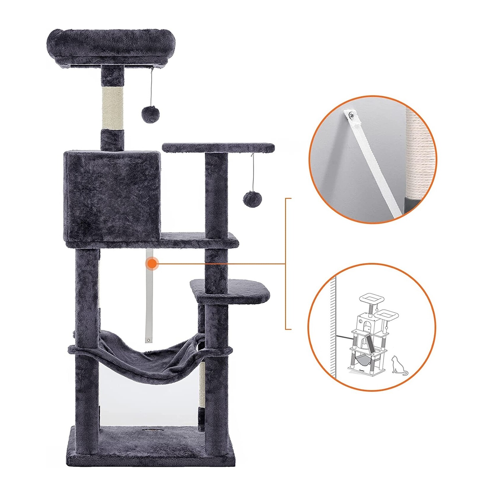 Bobbel Home Bobbel Home - Krabpaal - Incl. hangmat - Kattenboom - Grot - Pluche - Donkergrijs