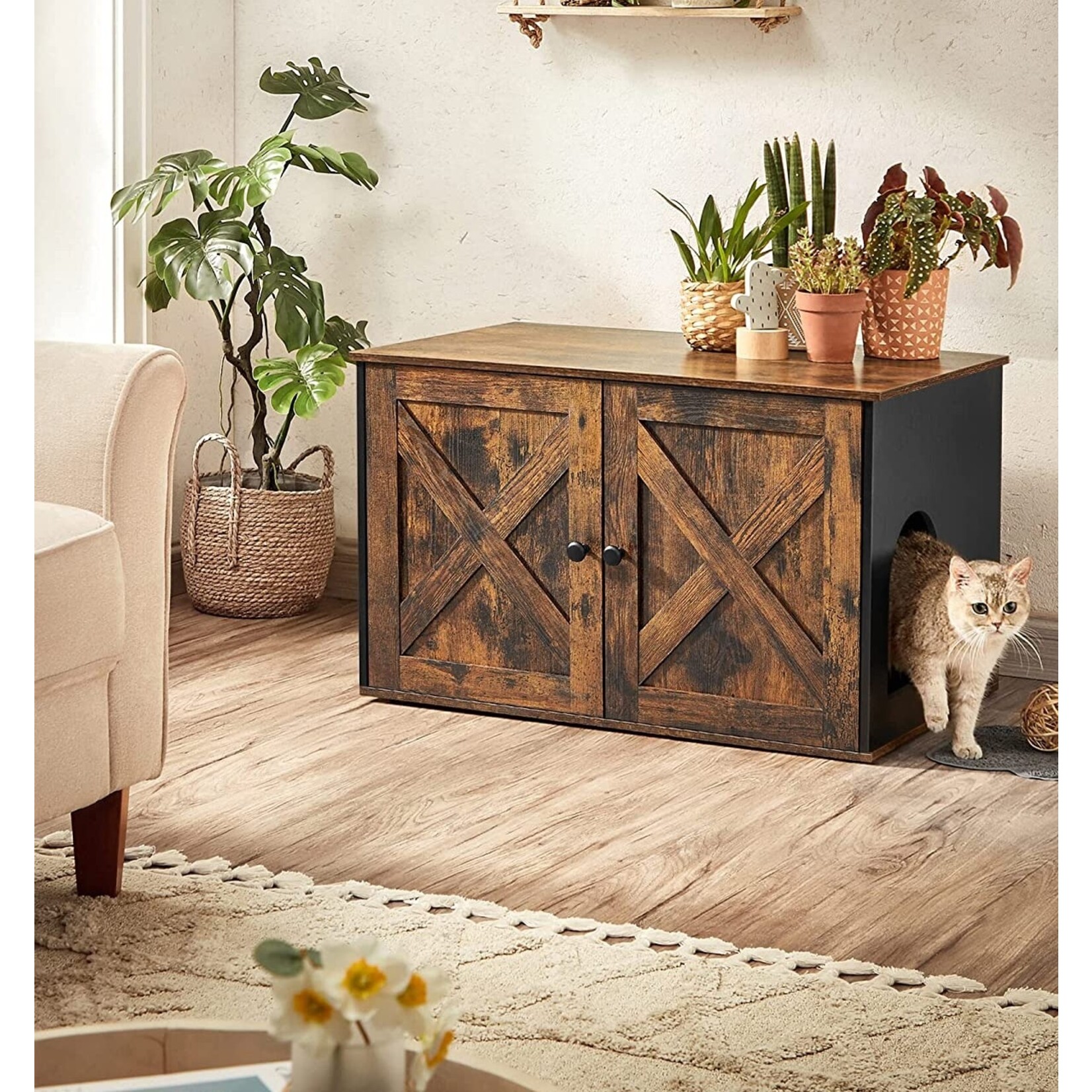 Bobbel Home Bobbel Home - Houten kattenhuis - Incl. 2 deuren - Kattenbak - Vintage - Industrieel - Zwart/Bruin