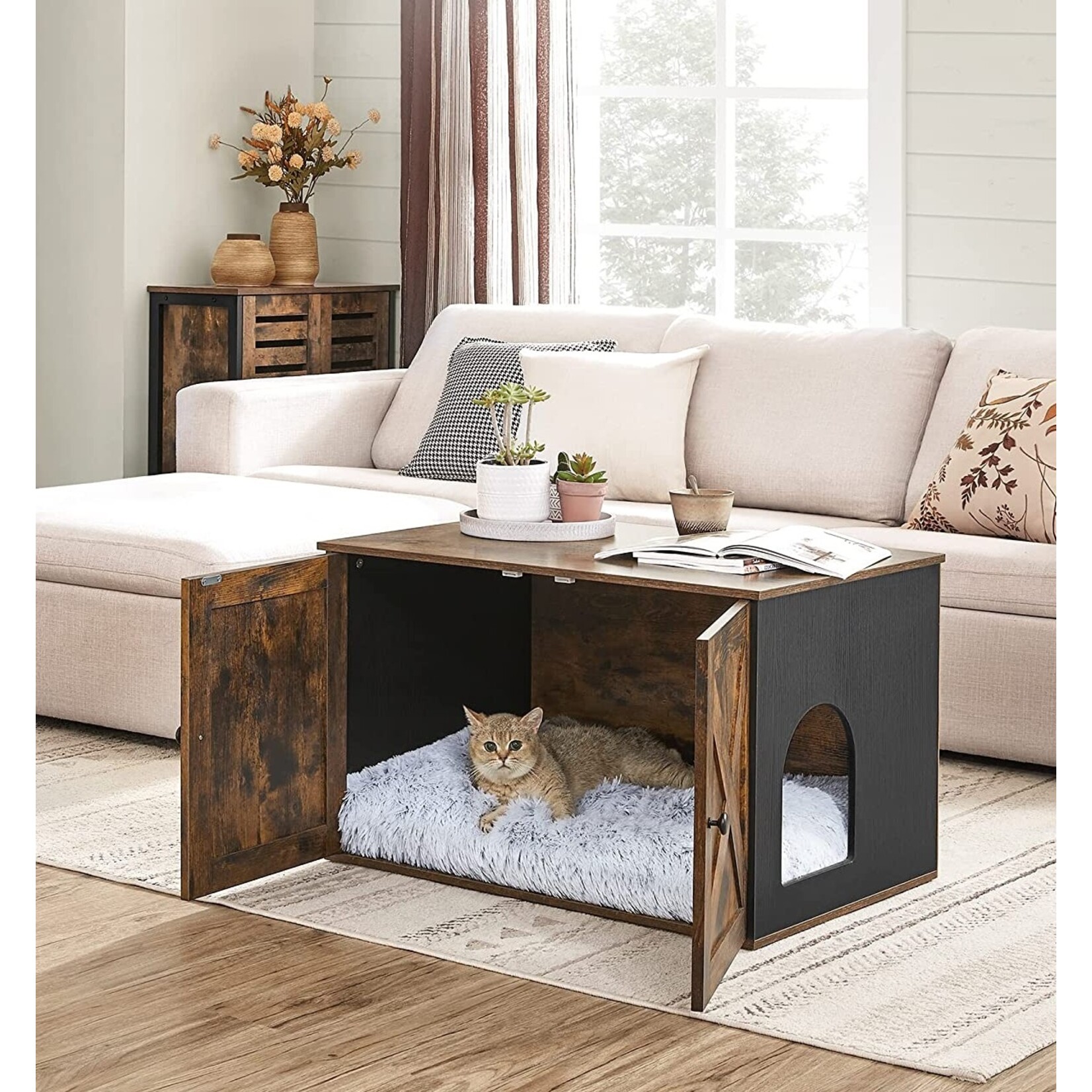 Bobbel Home Bobbel Home - Wooden cat house - Incl. 2 doors - Litter Box - Vintage - Industrial - Black/Brown