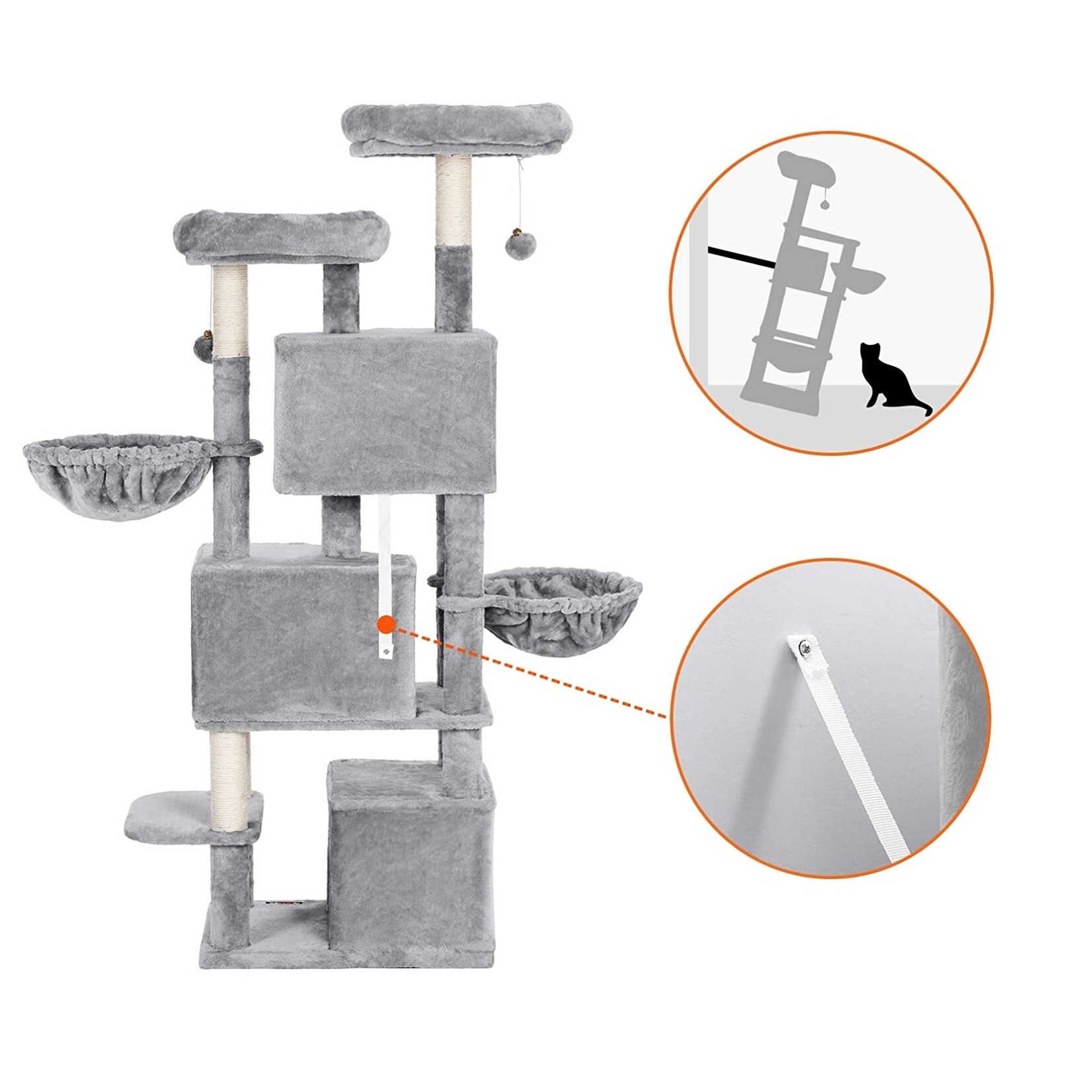 Bobbel Home Bobbel Pets - Stable Scratching Post - Incl. 3 Caves - 2 Baskets - 2 Viewing Platforms - Plush - Gray