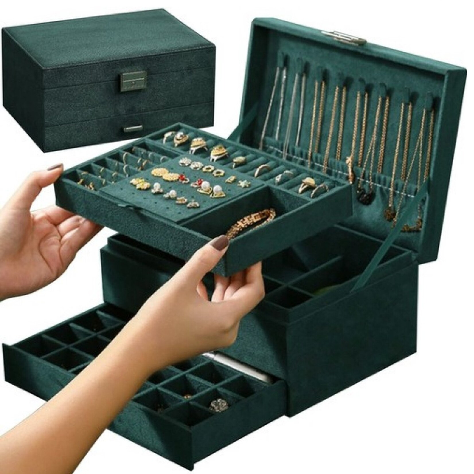 Bobbel Home Bobble Home - Luxury Jewelry Box - Velvet - Dark Green - Rectangle - 18 Compartments - 11x24.5x18 cm