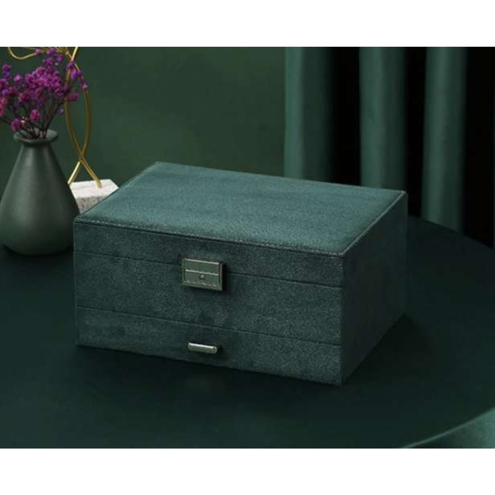 Bobbel Home Bobble Home - Luxury Jewelry Box - Velvet - Dark Green - Rectangle - 18 Compartments - 11x24.5x18 cm