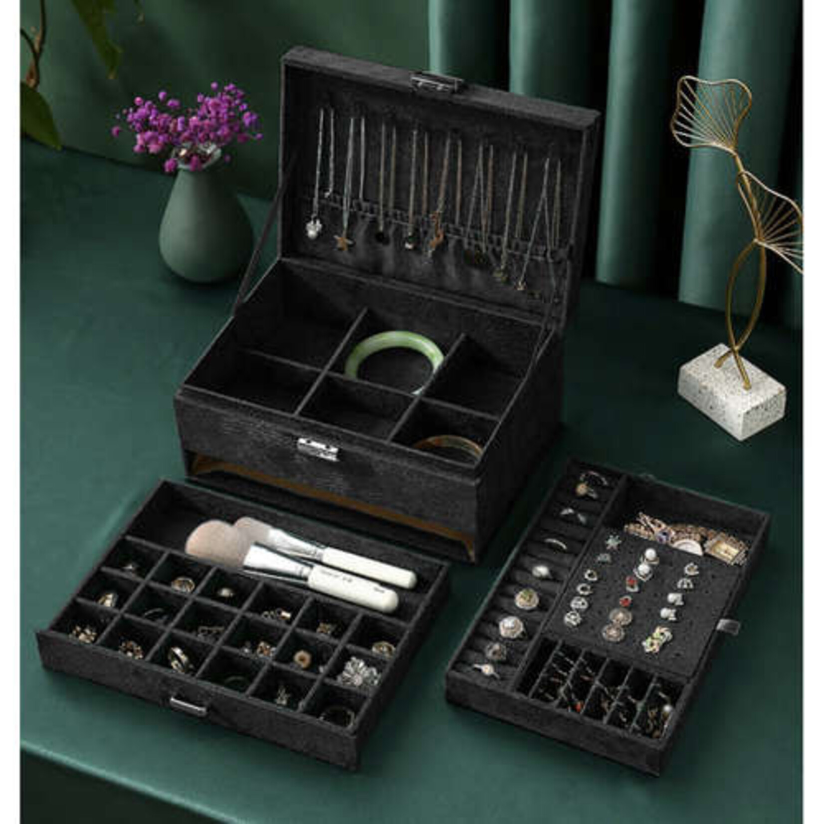 Bobbel Home Bobble Home - Luxury Jewelry Box - Velvet - Black - Rectangle - 18 Compartments - 11x24.5x18 cm