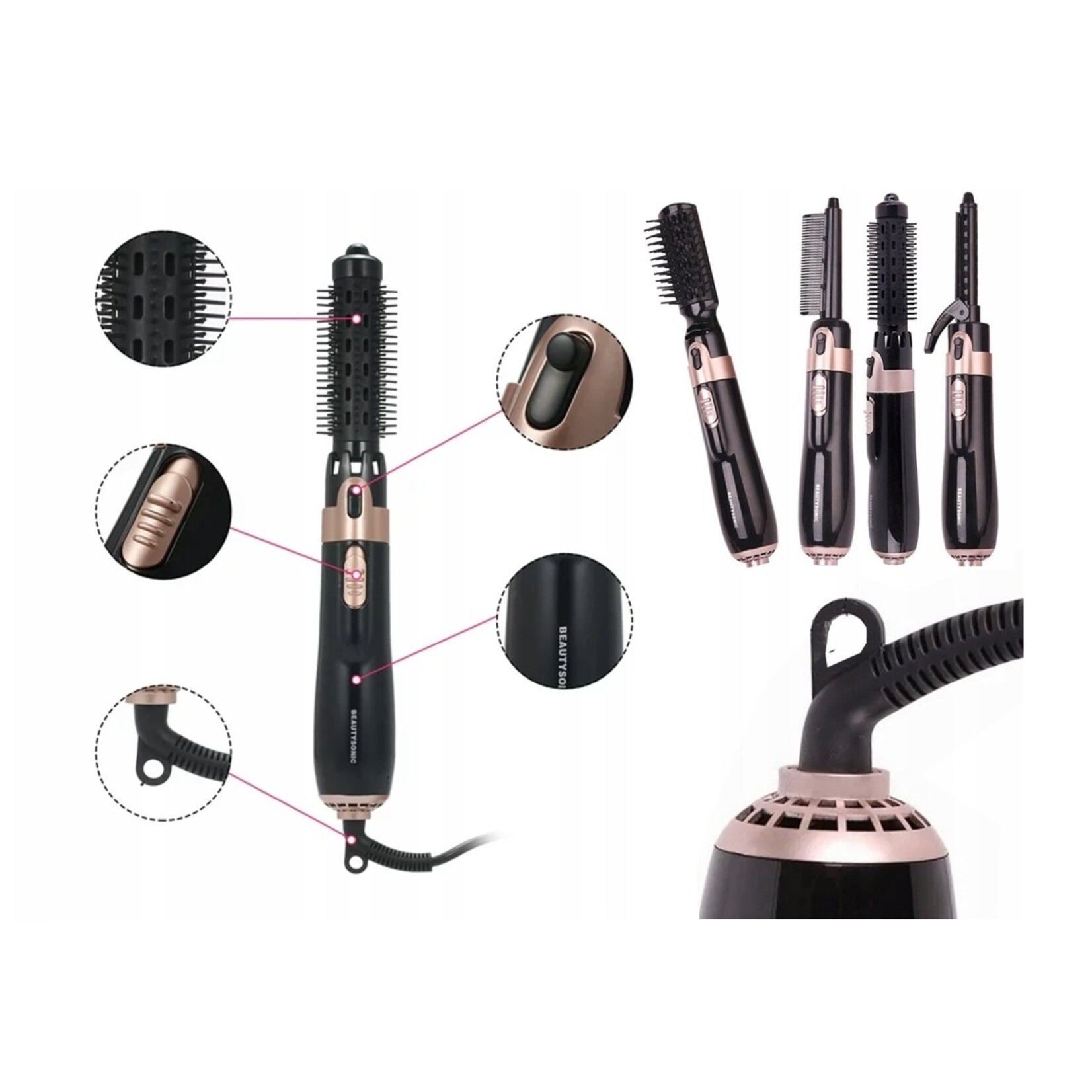 Electric Hairdryer Brush - 4 in 1 Hairdryer - Curling Iron - 4 Attachments - Black