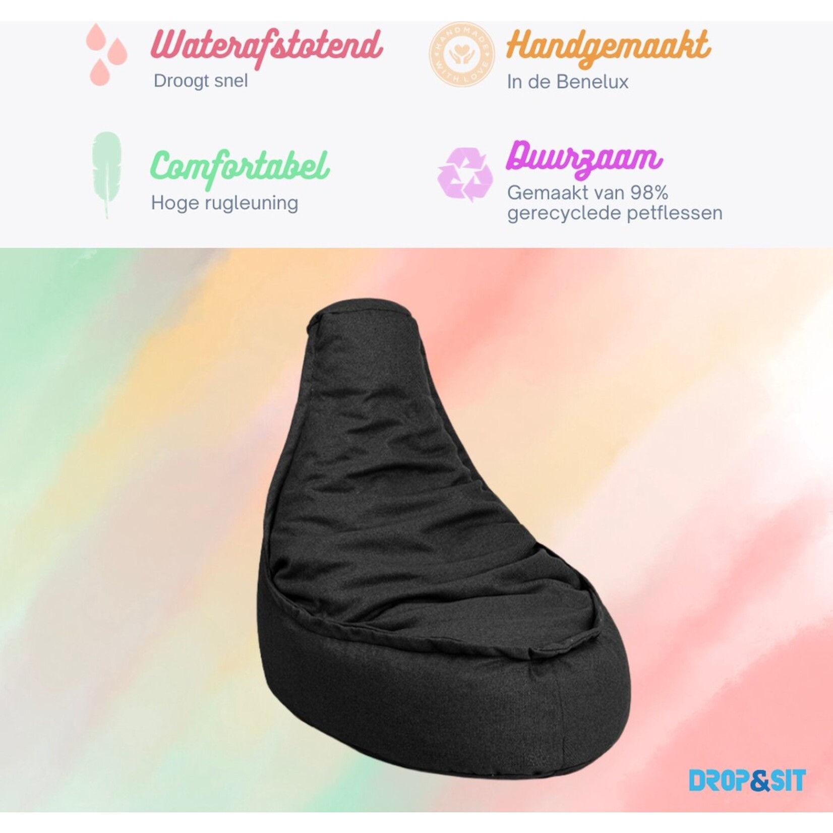 Drop & Sit - Beanbag Chair Durable - 100% Recycled PET Bottles - Black - Junior - For indoor and outdoor use