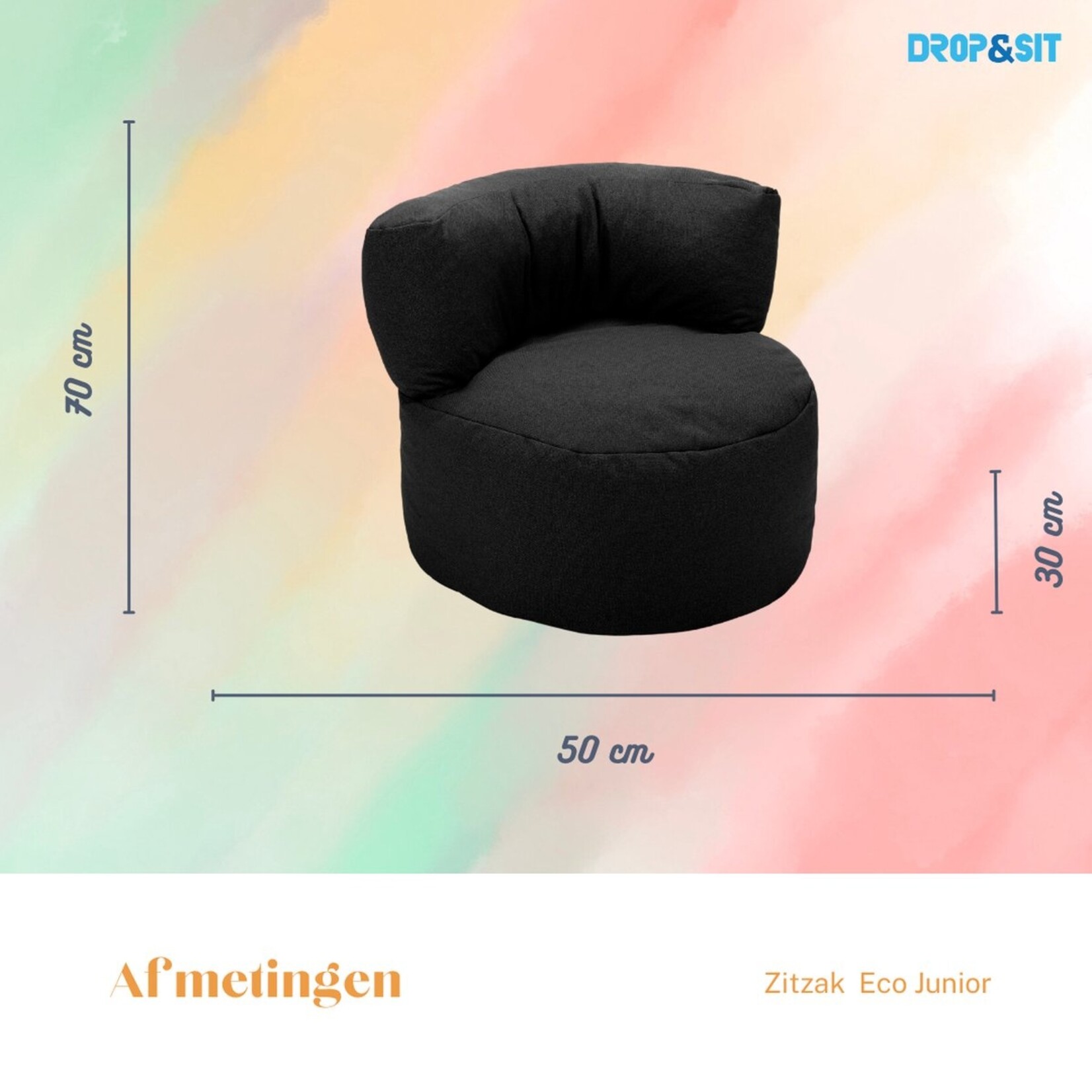 Drop & Sit - Beanbag Chair Junior - Black - 70 x 50 cm - High chair with filling for Indoors