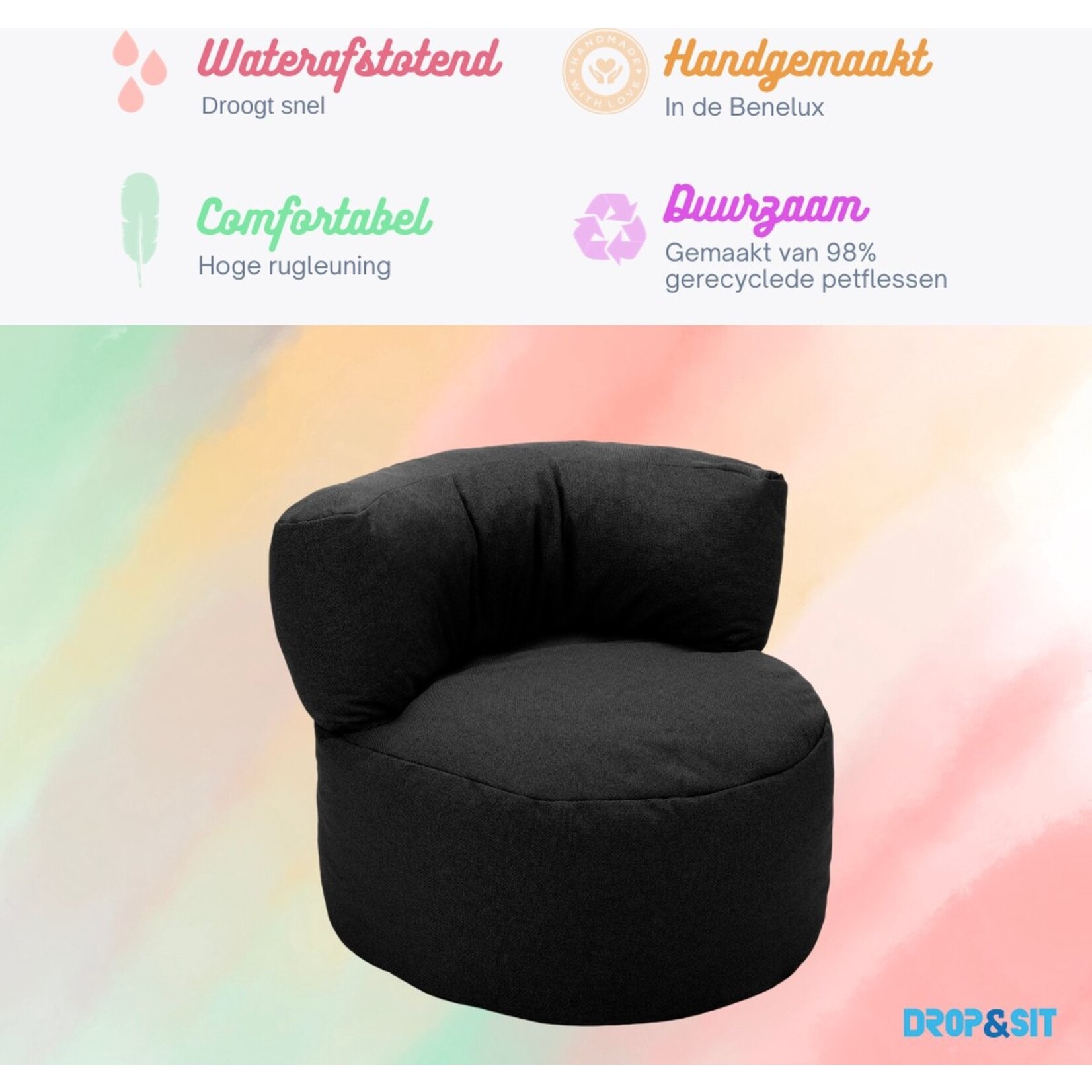 Drop & Sit - Beanbag Chair Junior - Black - 70 x 50 cm - High chair with filling for Indoors