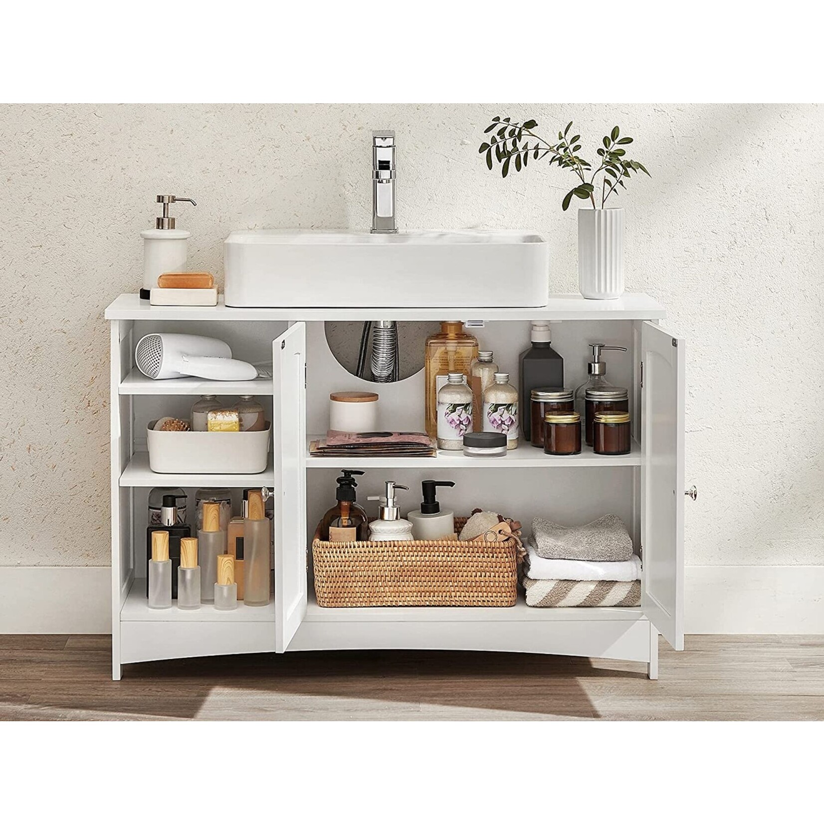 Parya Home - Wastafelonderkast -Badkamerkast - 2 Deuren - 2 Planken - Hout - Wit