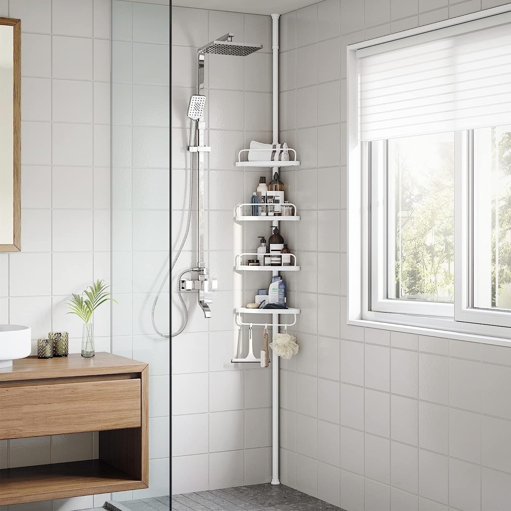 Parya Telescopisch Douche Rek met 4 Lagen | Verstelbaar Bad / Douche Hoekrek Opberrek