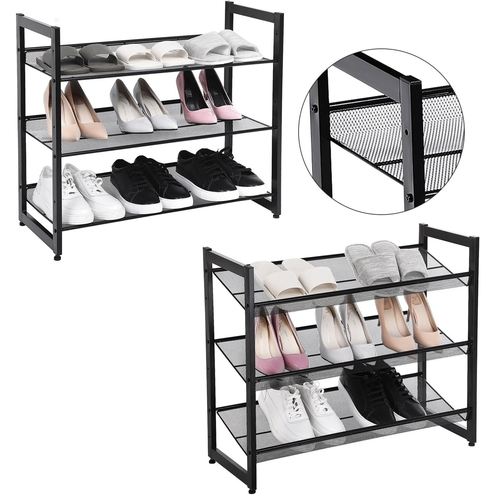 Bobbel Home Stackable 3 Layer Shoe Rack - 12 Pairs of Shoes - Adjustable Shelf - Black