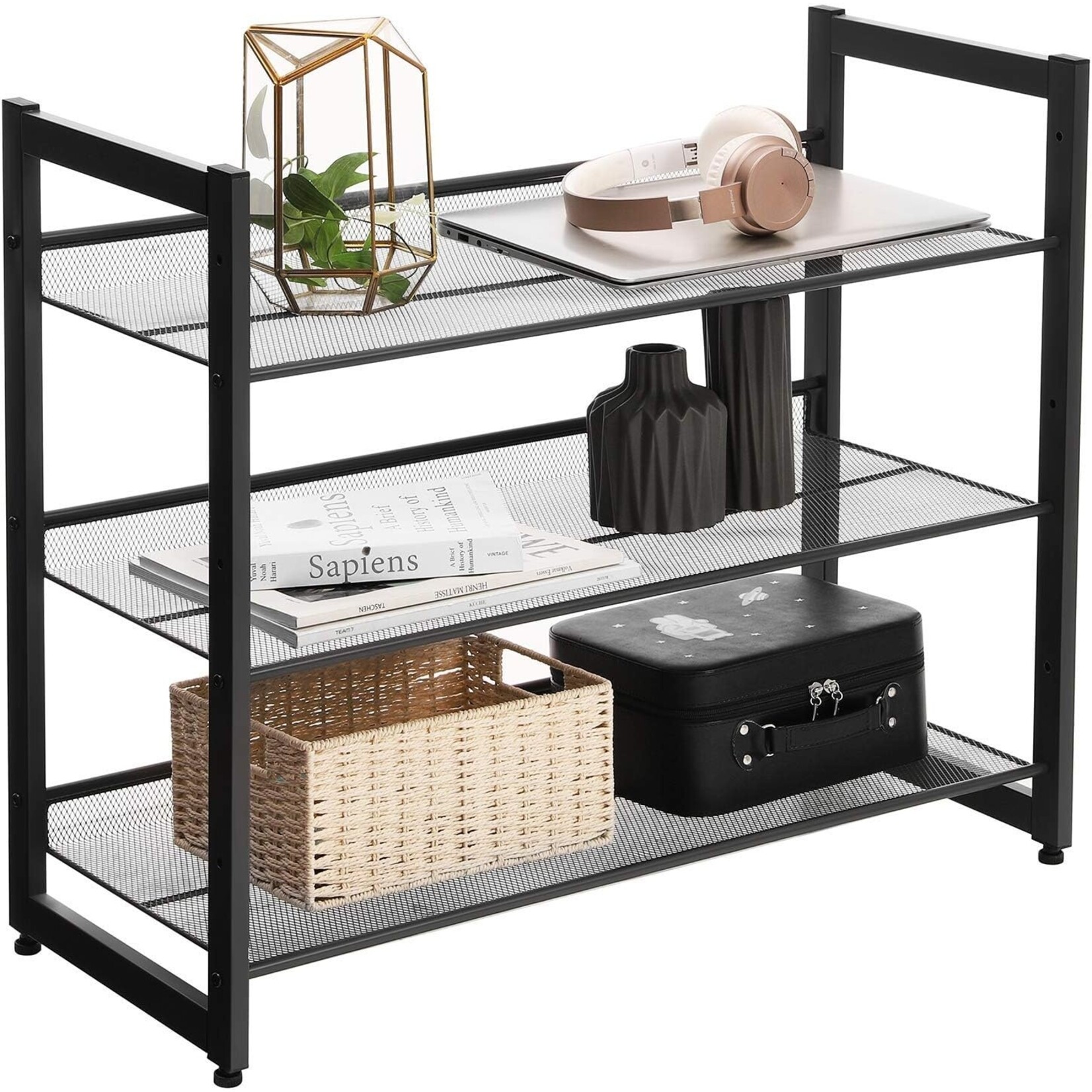 Bobbel Home Stackable 3 Layer Shoe Rack - 12 Pairs of Shoes - Adjustable Shelf - Black