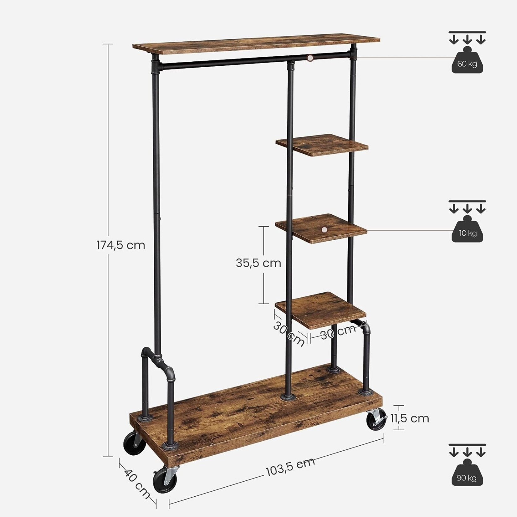 Bobbel Home Industrial coat rack - On wheels - With 5 shelves - Vintage - Dark brown