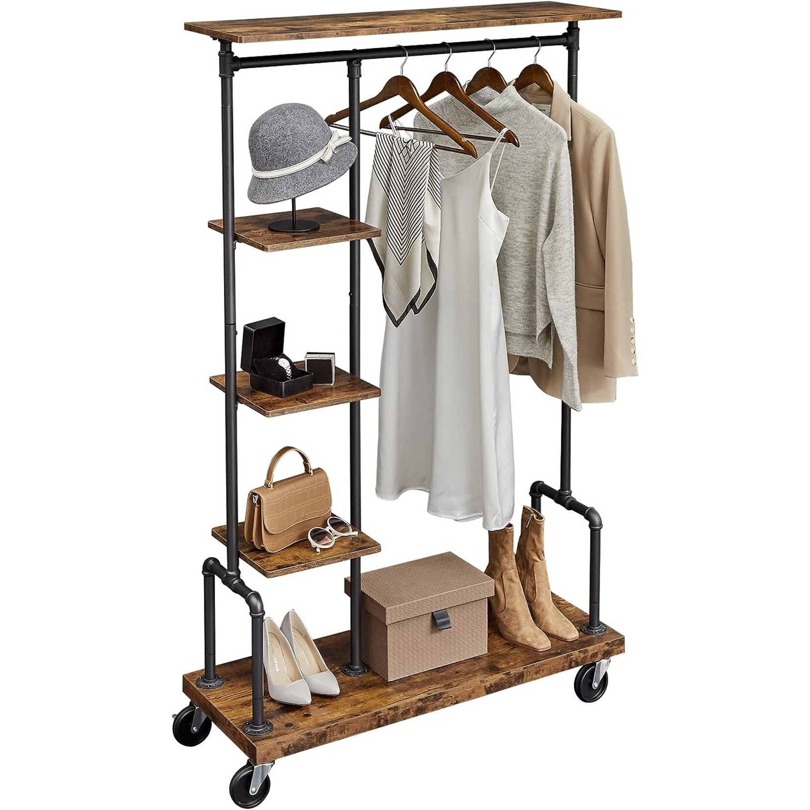 Bobbel Home Industrial coat rack - On wheels - With 5 shelves - Vintage - Dark brown