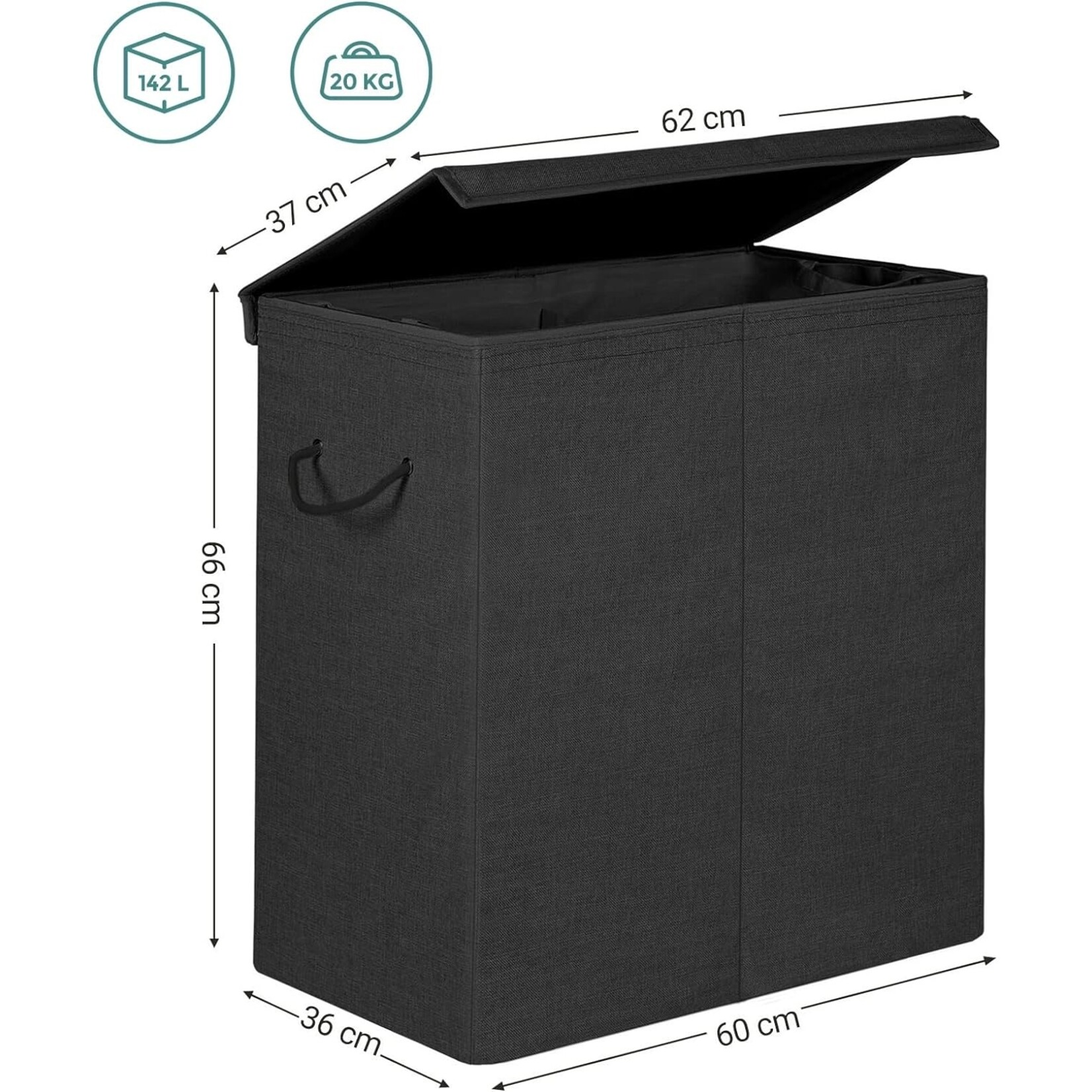Bobbel Home Parya Home - Fabric Laundry Basket - Magnetic Lid - Handles - Removable Liner Bag - Black