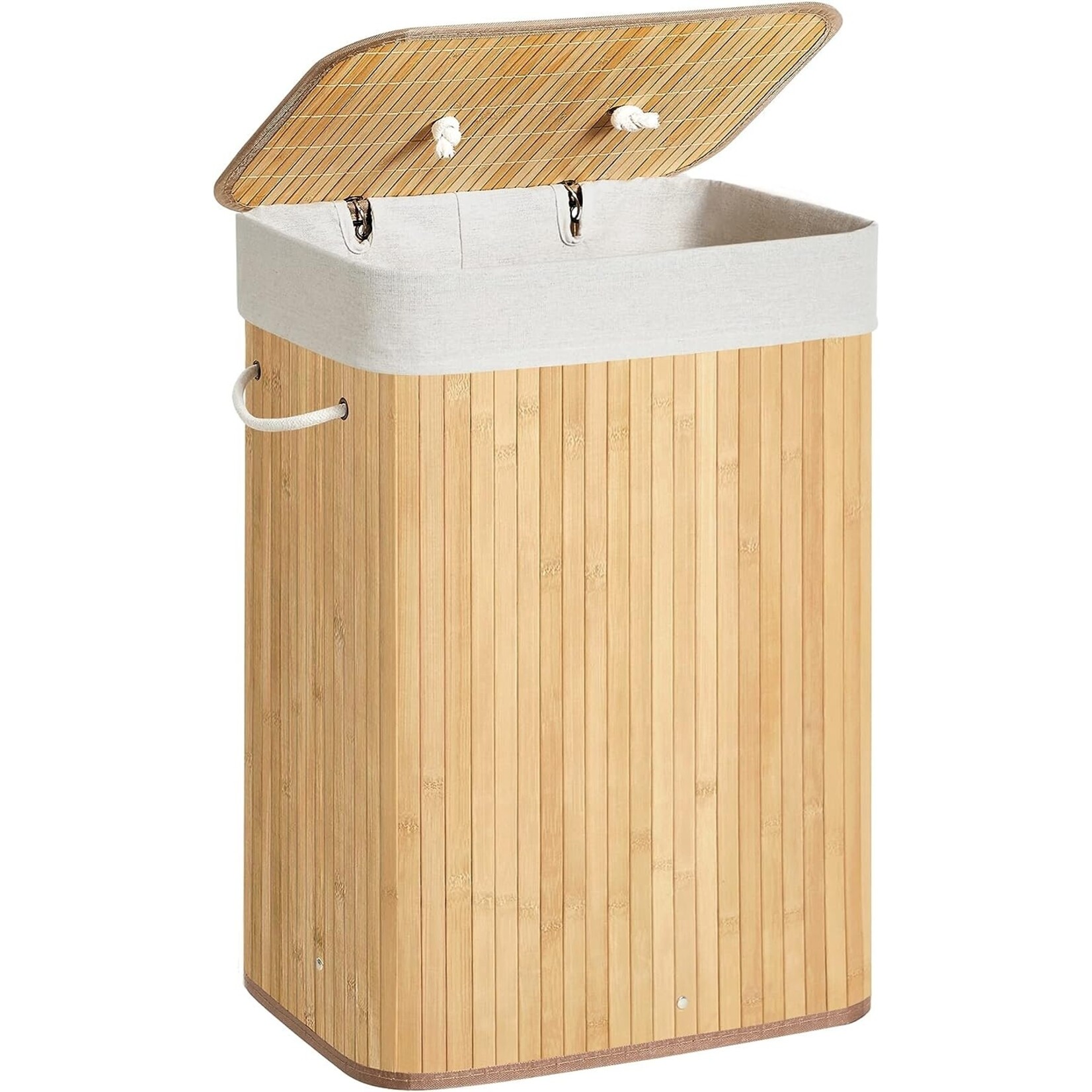 Bobbel Home Bamboe wasmand met katoenen zak, handvaten en deksel, 72 liter- afm. 40 x 30 x 60 cm