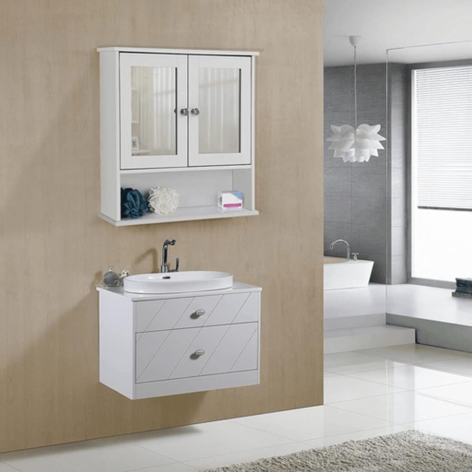 Parya Home - Mirror cabinet - Bathroom furniture - 2 Doors - 1 Shelf - Wood - White