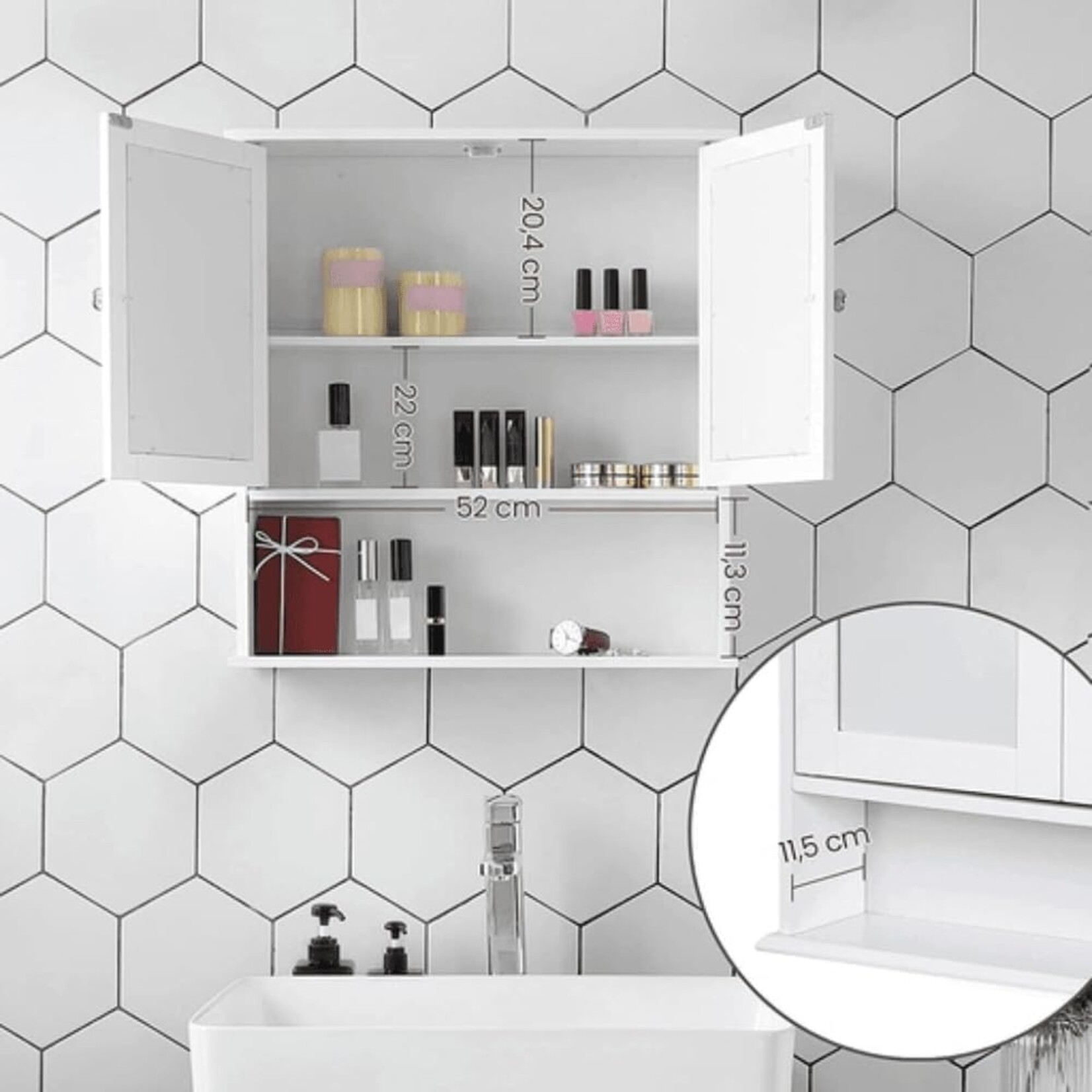 Parya Home - Mirror cabinet - Bathroom furniture - 2 Doors - 1 Shelf - Wood - White