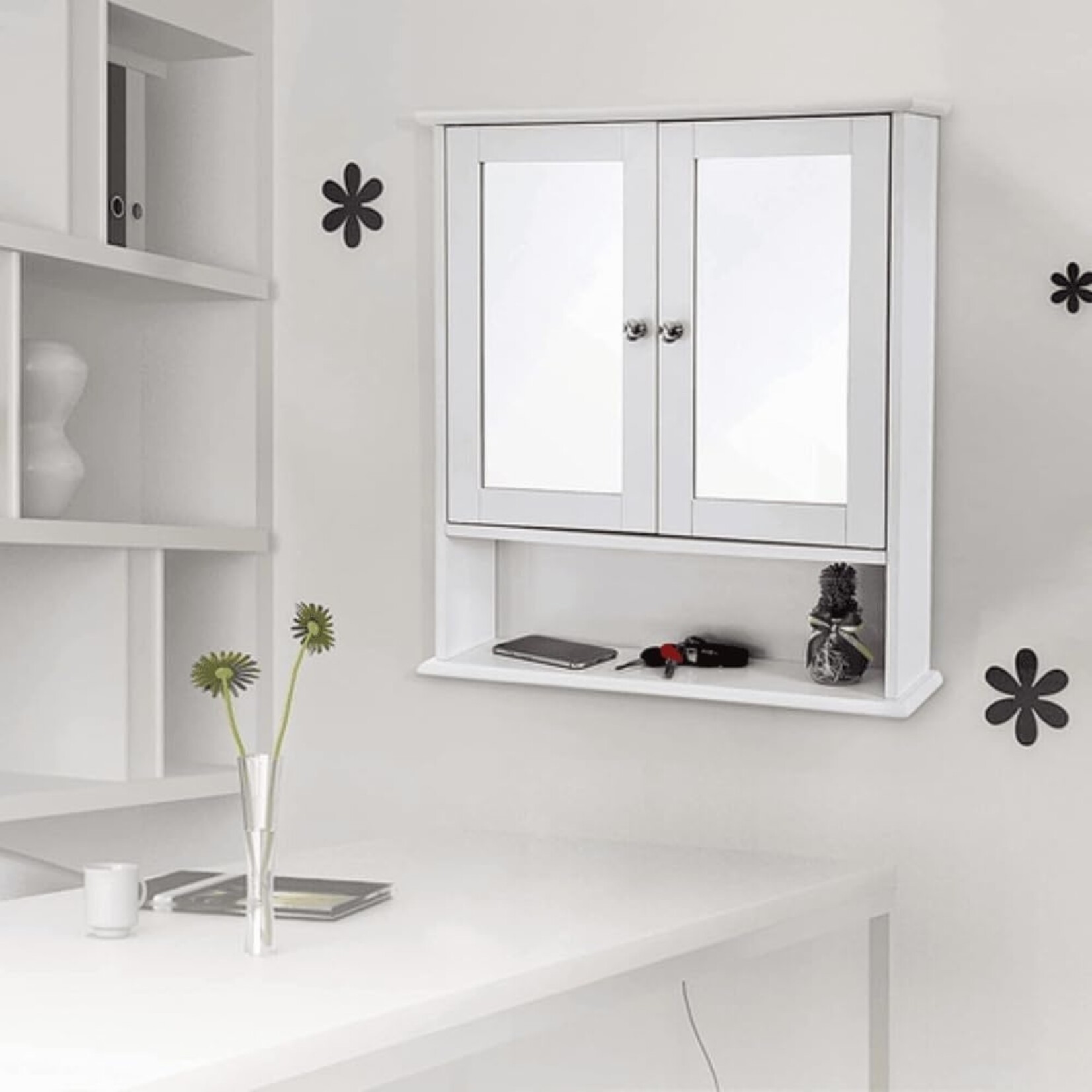 Parya Home - Mirror cabinet - Bathroom furniture - 2 Doors - 1 Shelf - Wood - White
