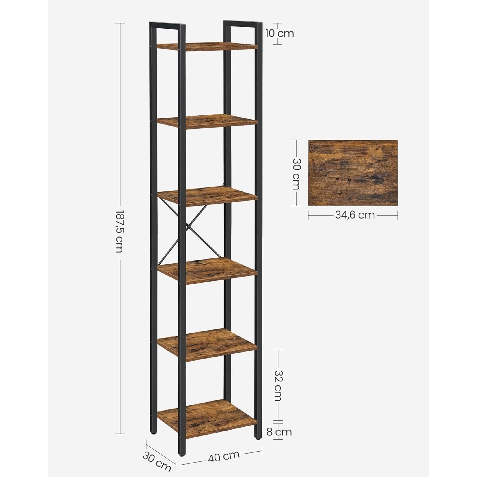 Bobbel Home Bookcase - Storage Rack With 6 Shelves - Open Shelves - Vintage - Brown/Black