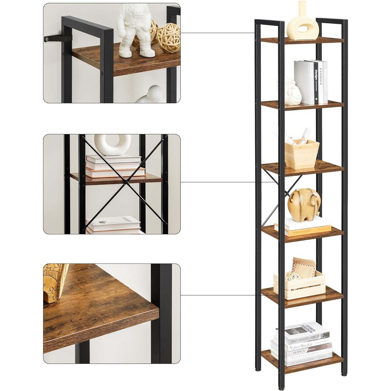 Bobbel Home Bookcase - Storage Rack With 6 Shelves - Open Shelves - Vintage - Brown/Black