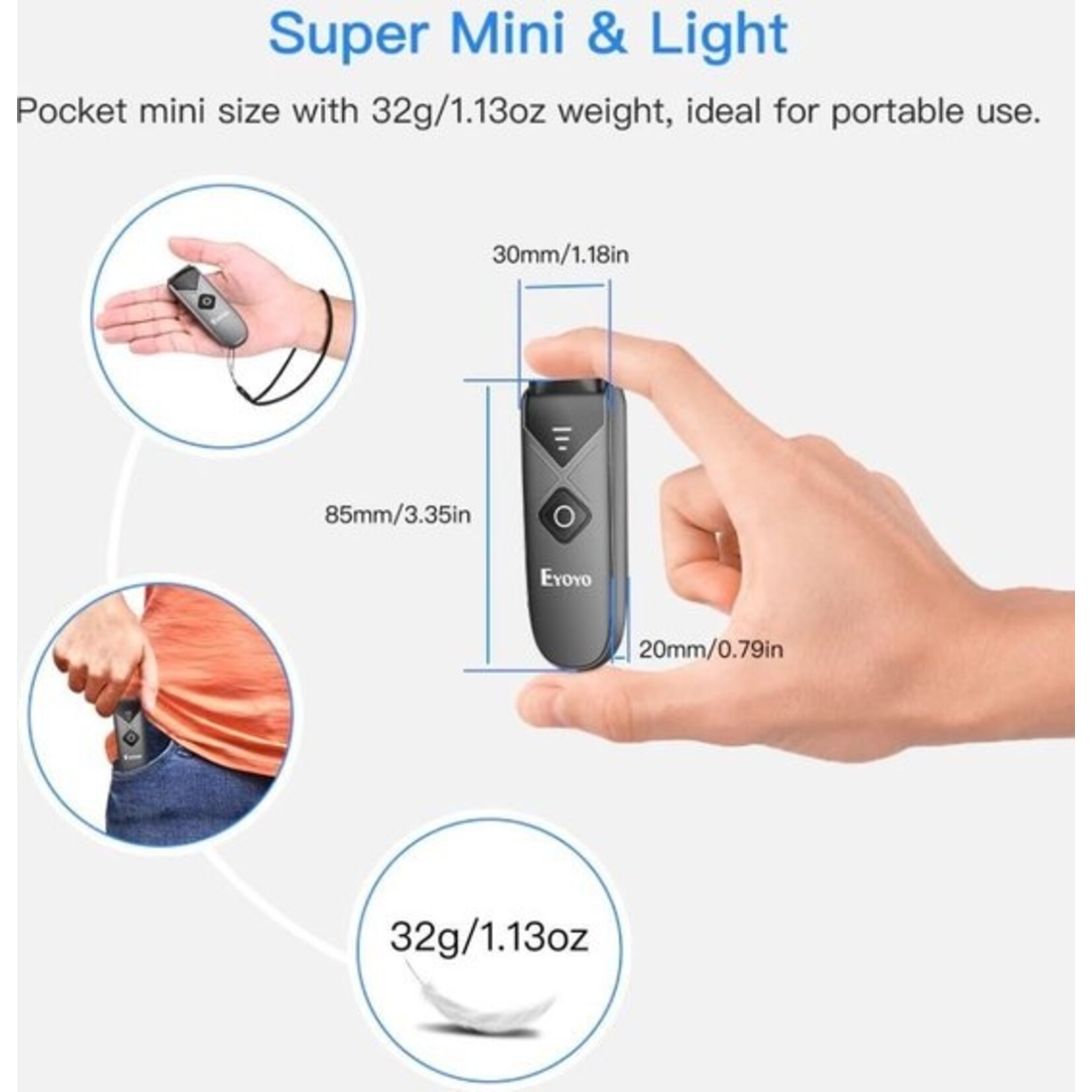 Parya Wireless Mini Barcode Scanner - EAN and QR codes - Bluetooth, 2.4G wireless and USB connection