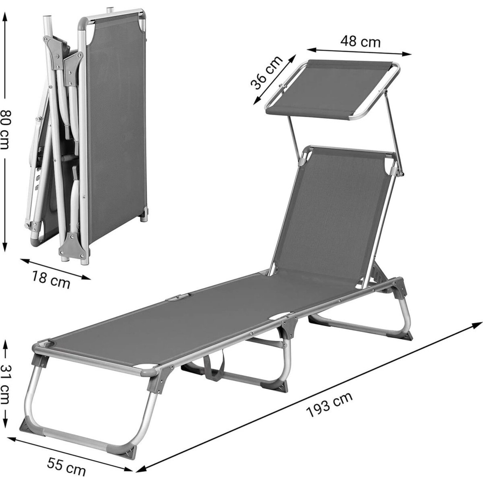 Songmics Ligstoel - opklapbaar - 55 x 193 x 31 cm - Grijs