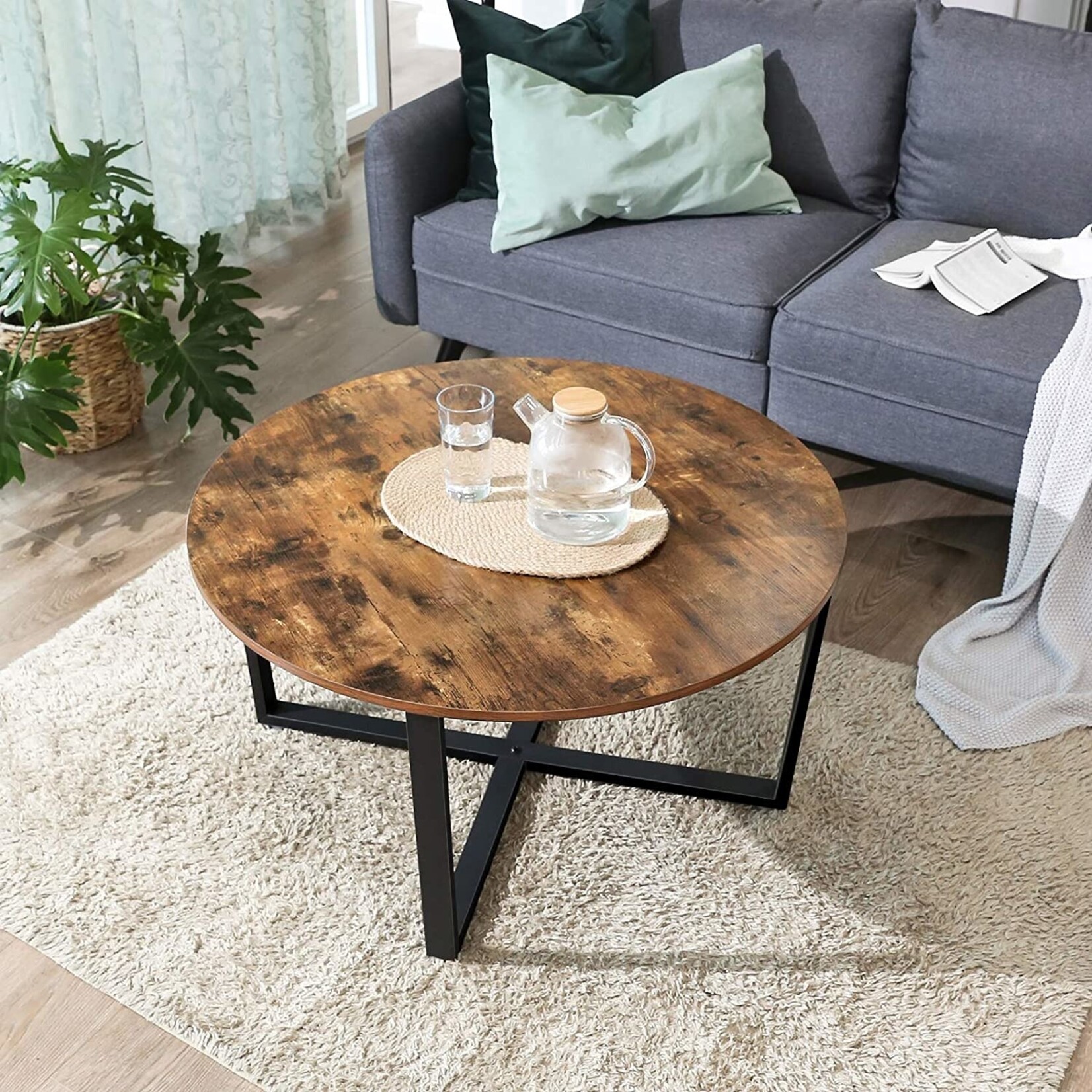 Parya Home Parya Home - Round Coffee Table - Salon Table - Iron Frame - Vintage - Dark Brown