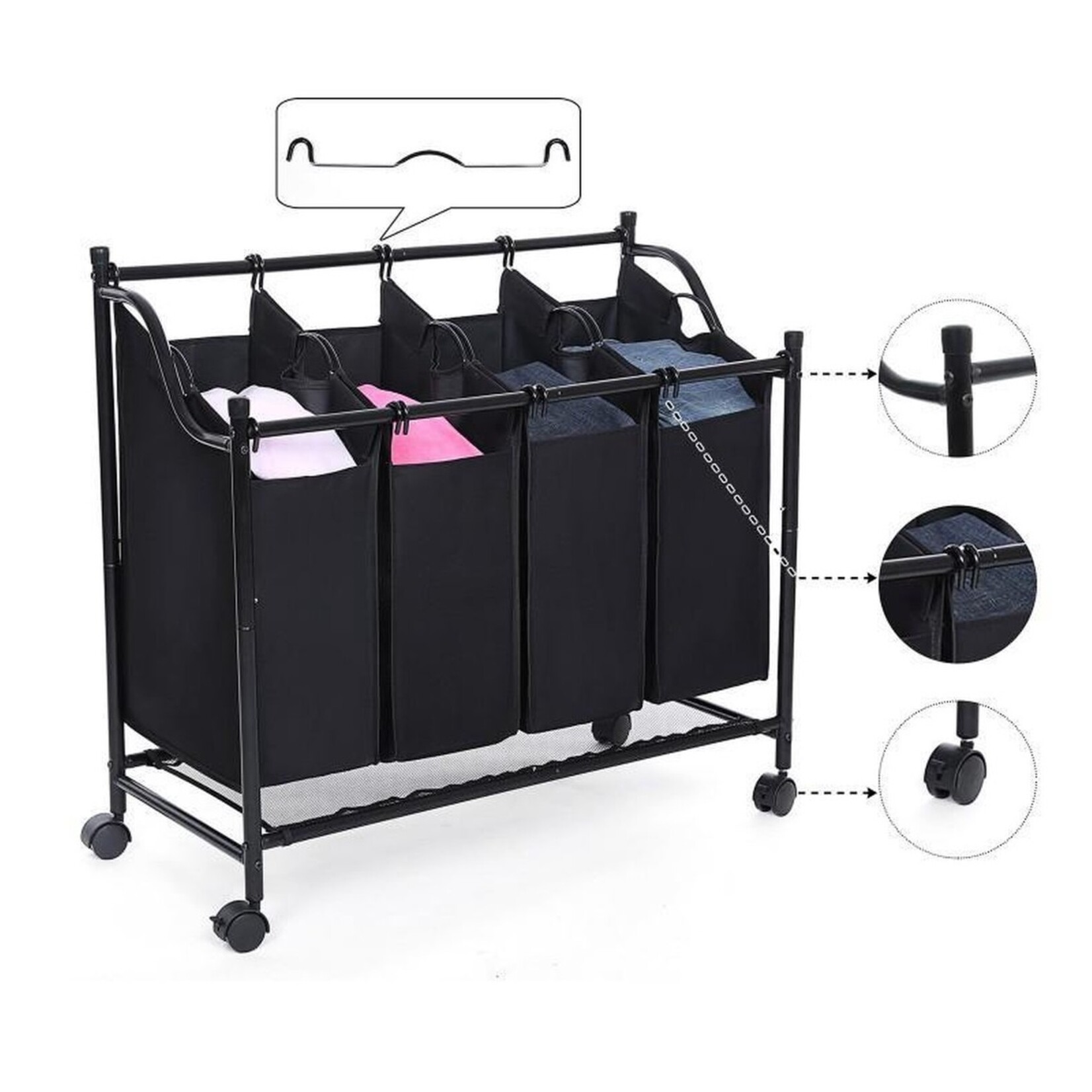 XL Wassorteerder met 4 Waszakken | Wasman Basket Op Wielen | Verrijdbare Wasmand met 4 uitneembare waszakken | Grote Wassorteer Mand | Afm. 87.5 x 38.5 x 81 Cm. | Kleur: ZWART