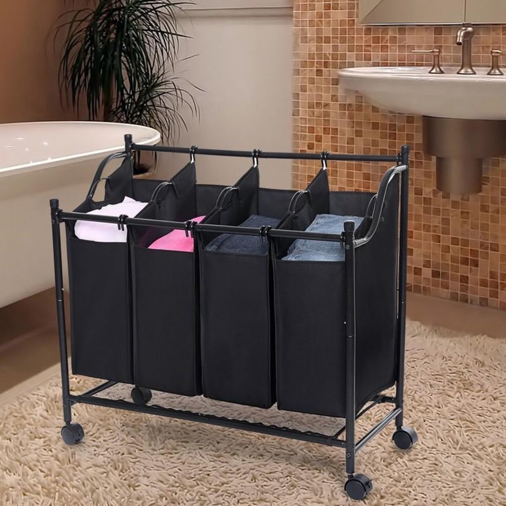 XL Laundry Sorter with 4 Laundry Bags | Laundry Basket On Wheels | Mobile Laundry Basket with 4 Removable Laundry Bags | Large Laundry Sorting Basket | Dim. 87.5 x 38.5 x 81 Cm. | Color: BLACK