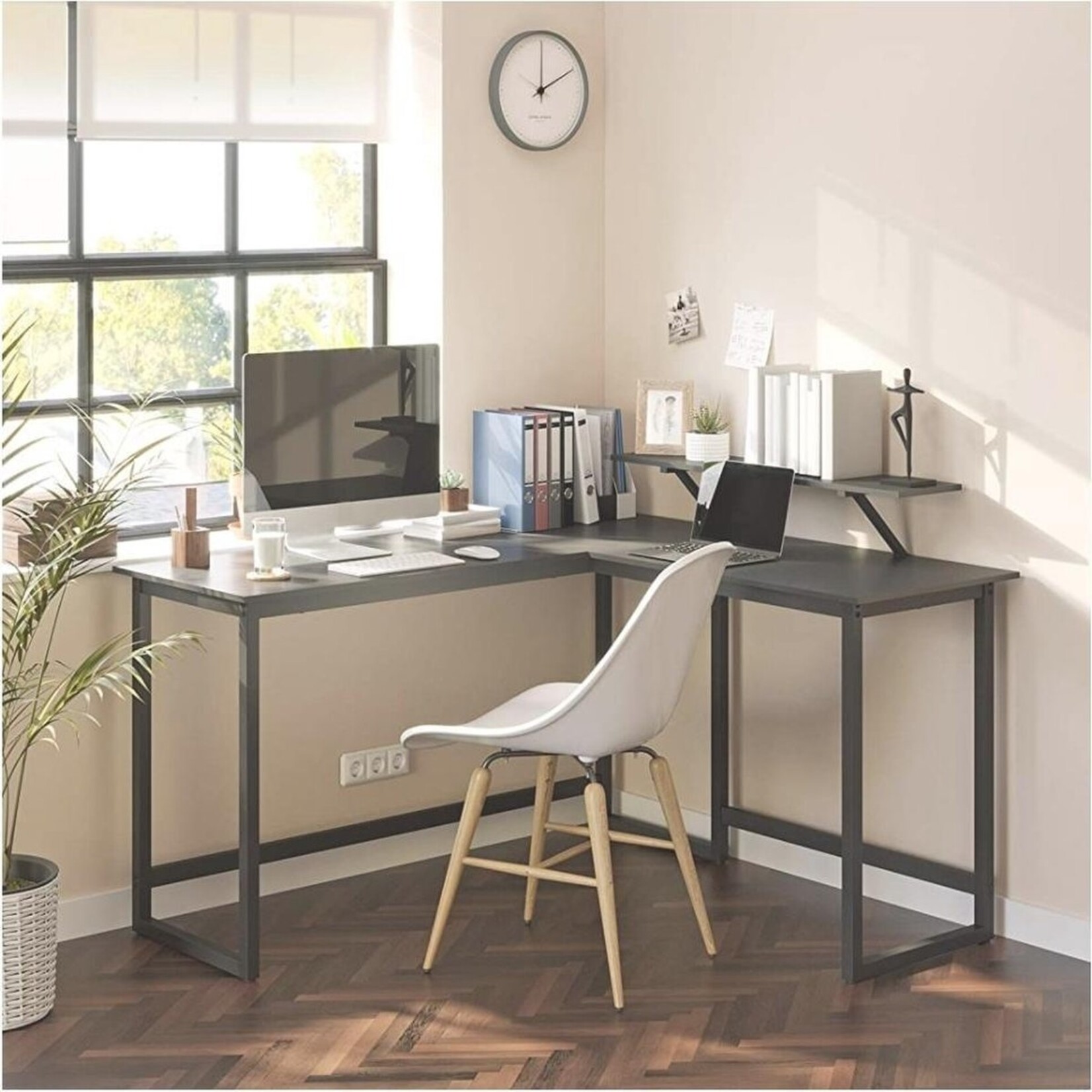 Parya Home Parya desk, L-shaped computer desk with movable monitor mount, corner desk, office, study, gaming, space saving, easy installation, metal, black