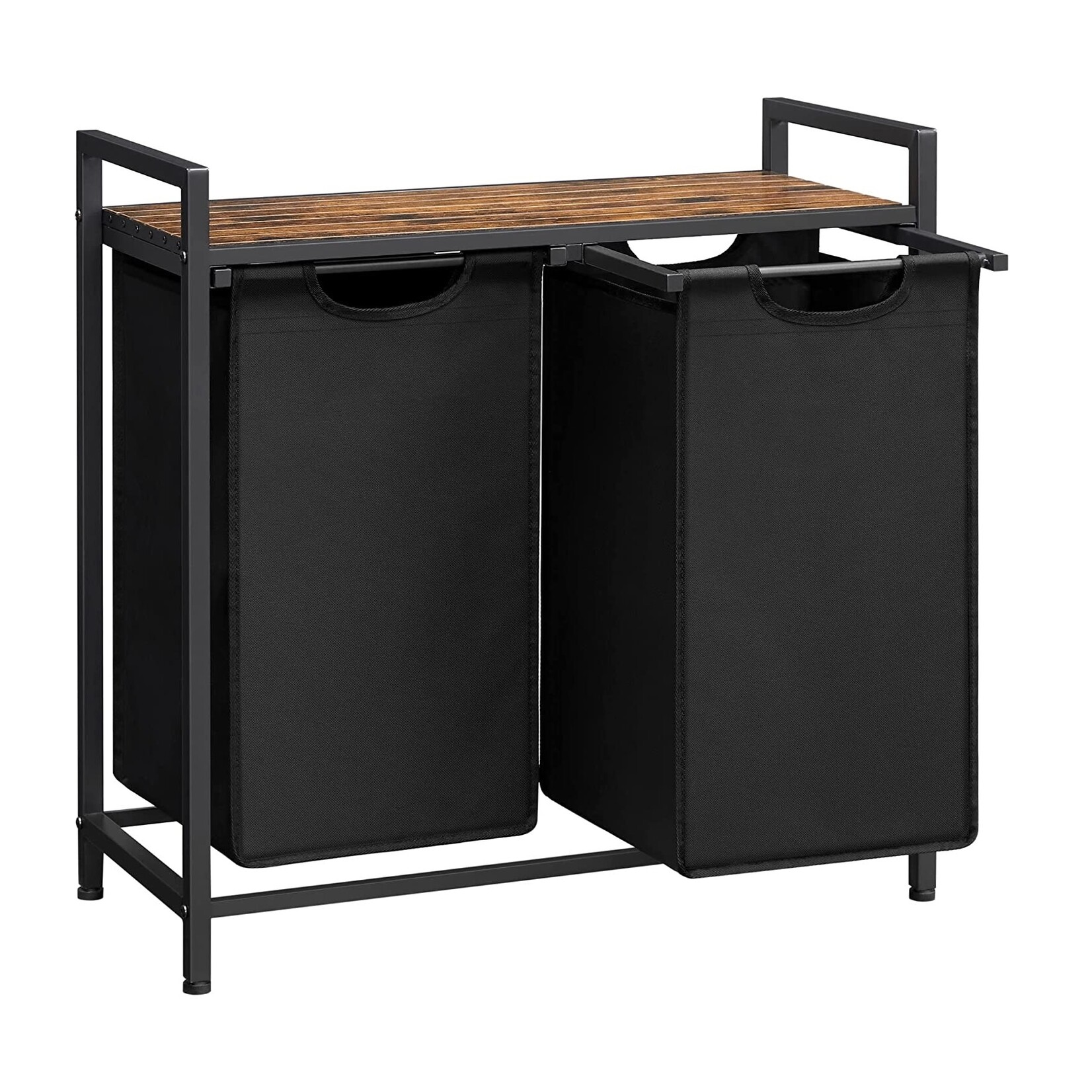 Parya Home Laundry Basket with 2 Compartments and Shelf – 92 Liters – Industrial Rustic Brown Black – Pull-Out Laundry Bags
