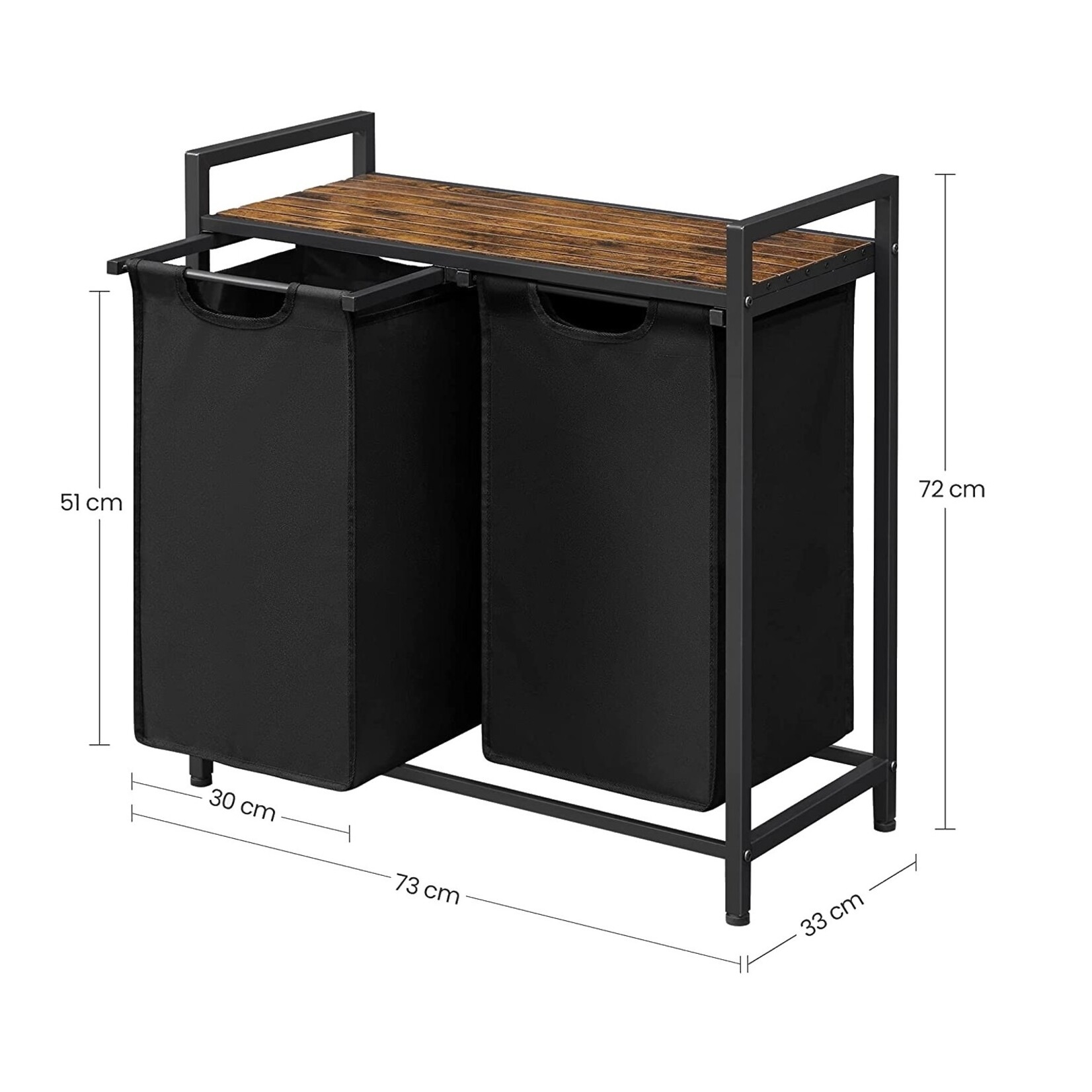 Parya Home Laundry Basket with 2 Compartments and Shelf – 92 Liters – Industrial Rustic Brown Black – Pull-Out Laundry Bags