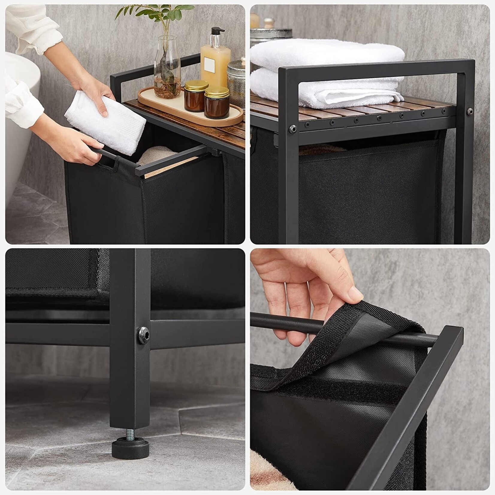 Parya Home Laundry Basket with 2 Compartments and Shelf – 92 Liters – Industrial Rustic Brown Black – Pull-Out Laundry Bags