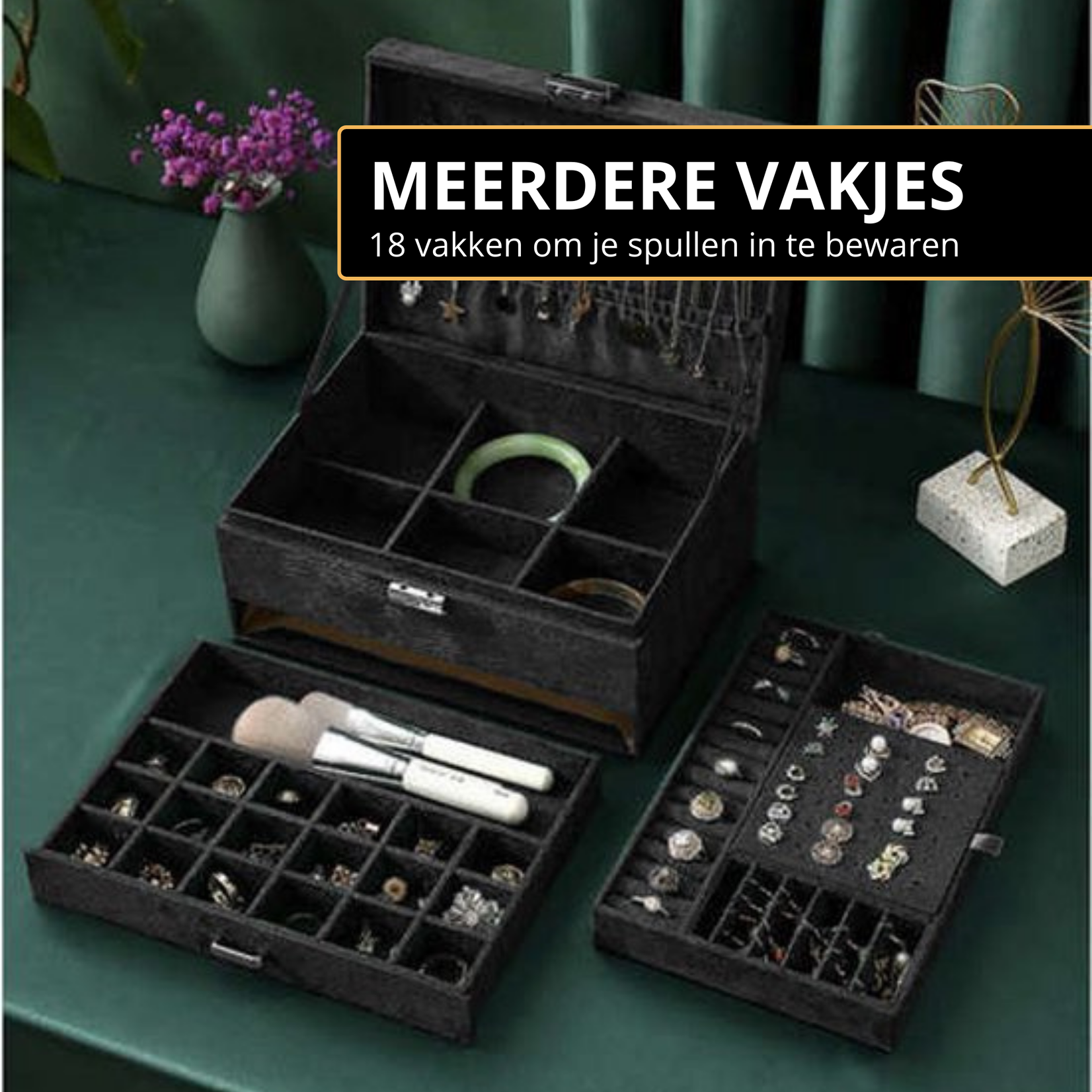 Bobbel Home Bobbel Home - Luxe  sieradendoos  - Velvet - Zwart- Rechthoek - 18 Vakken - 11x24.5x18 cm