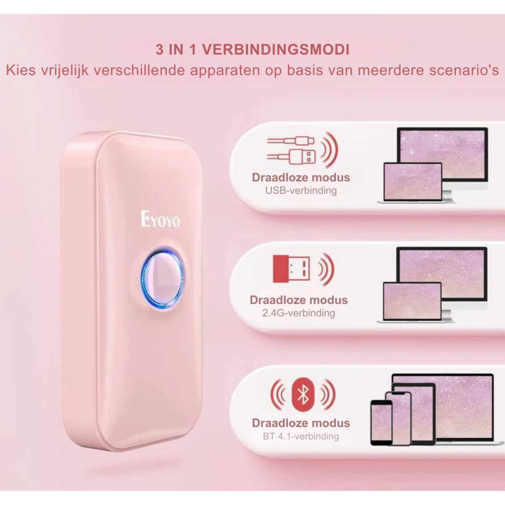 Parya Parya Official Wireless Mini Barcode Scanner PINK - Wireless scanner - Handheld scanner - Professional scanner - USB charger - EAN Scanner- Bluetooth - Dongle scanner