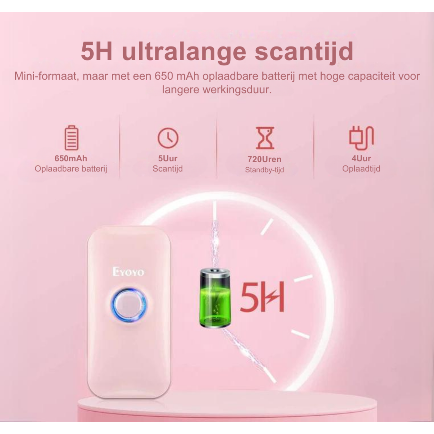 Parya Parya Official Wireless Mini Barcode Scanner PINK - Wireless scanner - Handheld scanner - Professional scanner - USB charger - EAN Scanner- Bluetooth - Dongle scanner