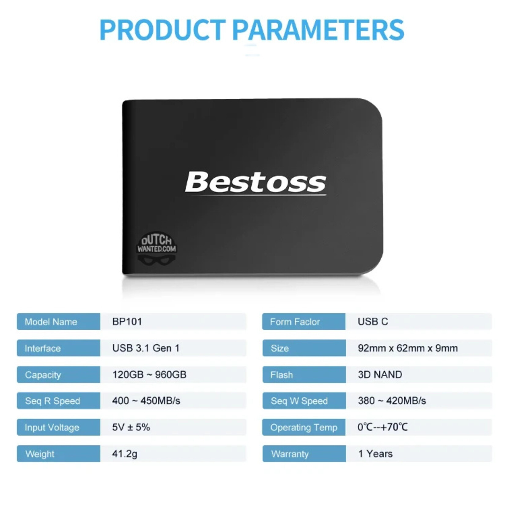 Dutch Wanted Dutch Wanted Bestoss Gen 1 Portable SSD External Hard Drive - Fast writing speed of 450mb p/s - 256GB of Solid State Storage - Plug and play - Portable storage - External PC or laptop storage - USB 3.2 - Hard drive expansion