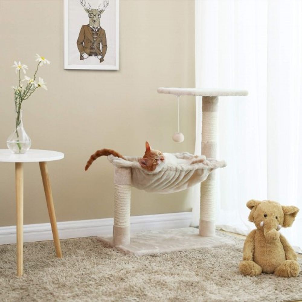 Bobbel Home - Stabiele kattenboom met pluche hangmat - krabpaal met ligbed - 70 cm beige