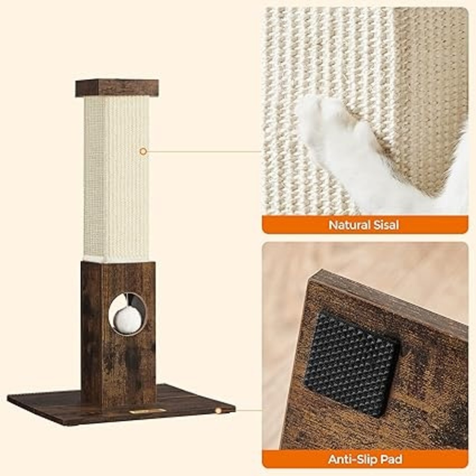 Bobbel Home Bobble Home - Cat Scratching Post, Scratching Post Made of Natural Sisal Rope, Scratching Post with Plush Toy Ball, Scratch Protection for Furniture, 73 cm High, Vintage Brown
