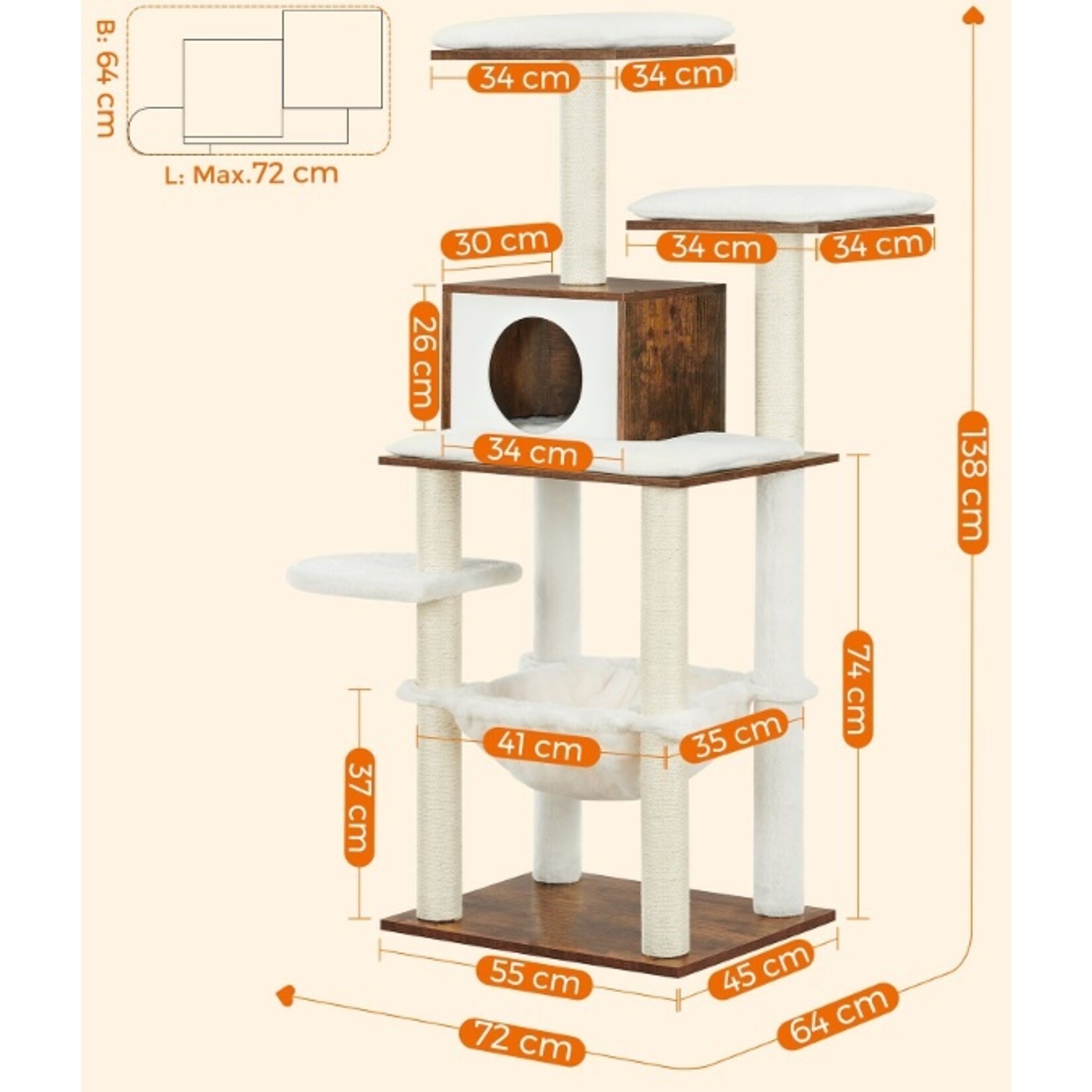 Bobbel Home Bobbel Home - Krabpaal voor katten, krabpaal van natuurlijk sisaltouw, krabpaal met pluche speelbal, krabbescherming voor meubels, 73 cm hoog, Vintage Brown