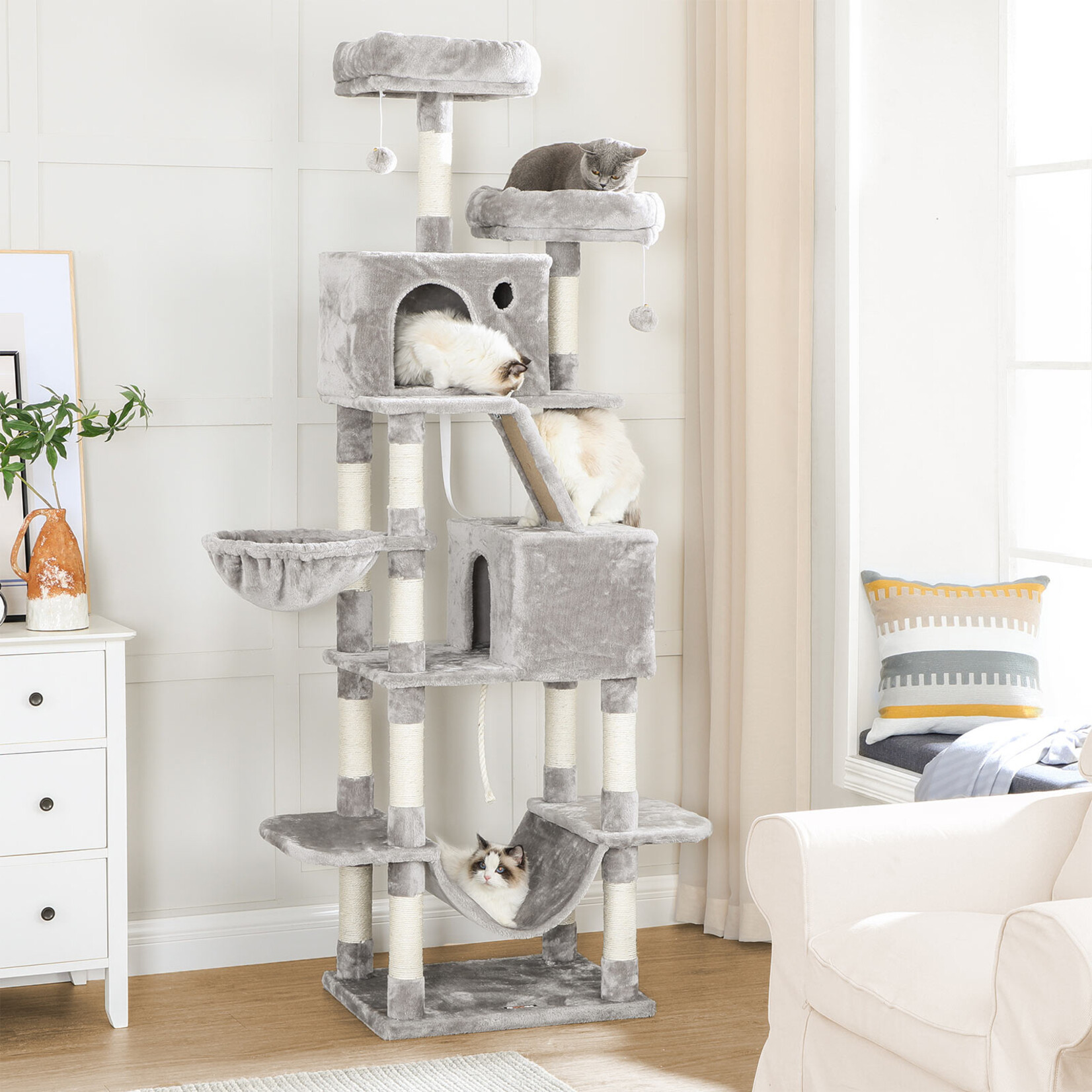 Bobbel Home Bobbel Home - Kattenboom, 206 cm grote kattentoren met 13 krabpalen,  2 zitplekke, 2 grotten, mand, hangmat, pompons, Lichtgrijs