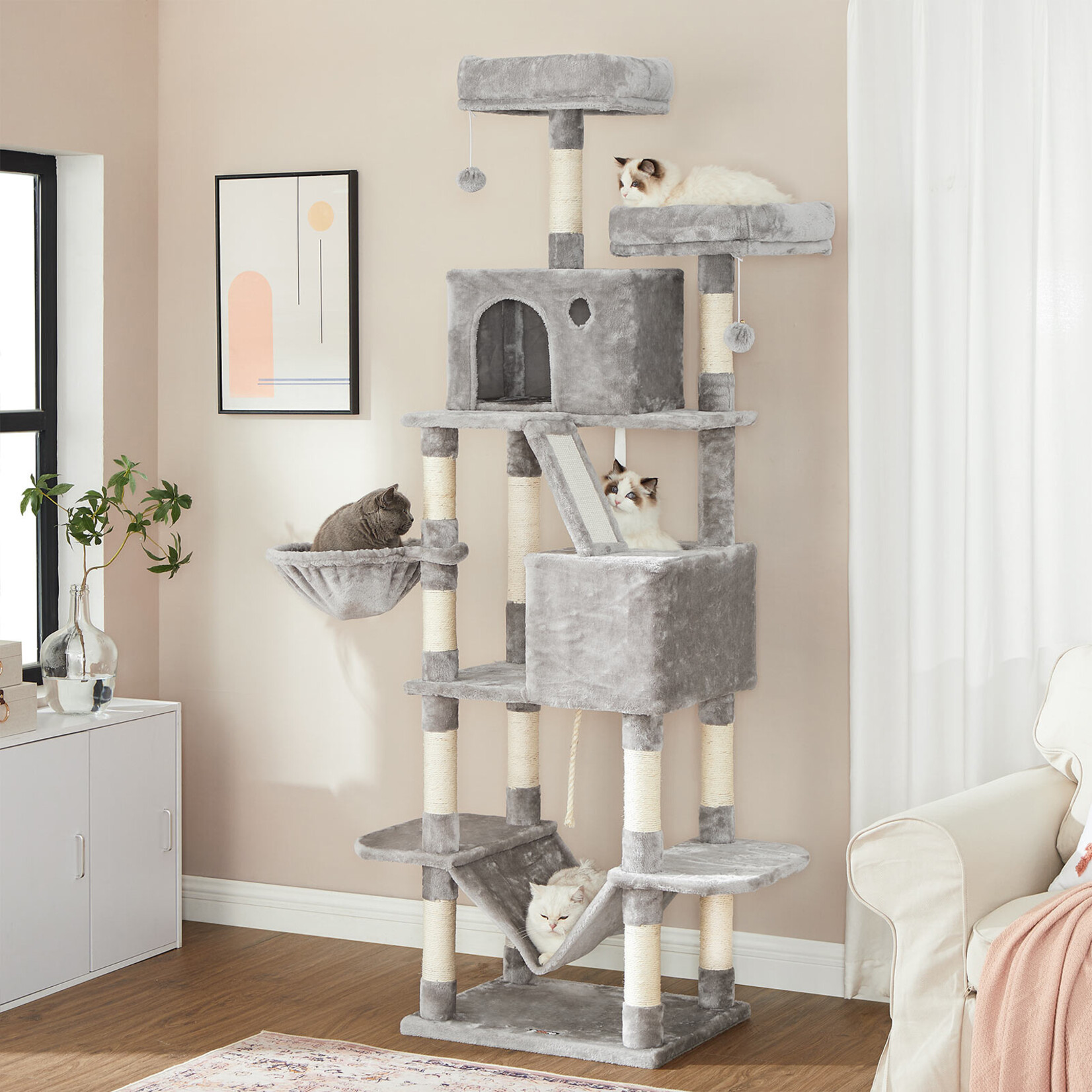 Bobbel Home Bobbel Home - Kattenboom, 206 cm grote kattentoren met 13 krabpalen,  2 zitplekke, 2 grotten, mand, hangmat, pompons, Lichtgrijs