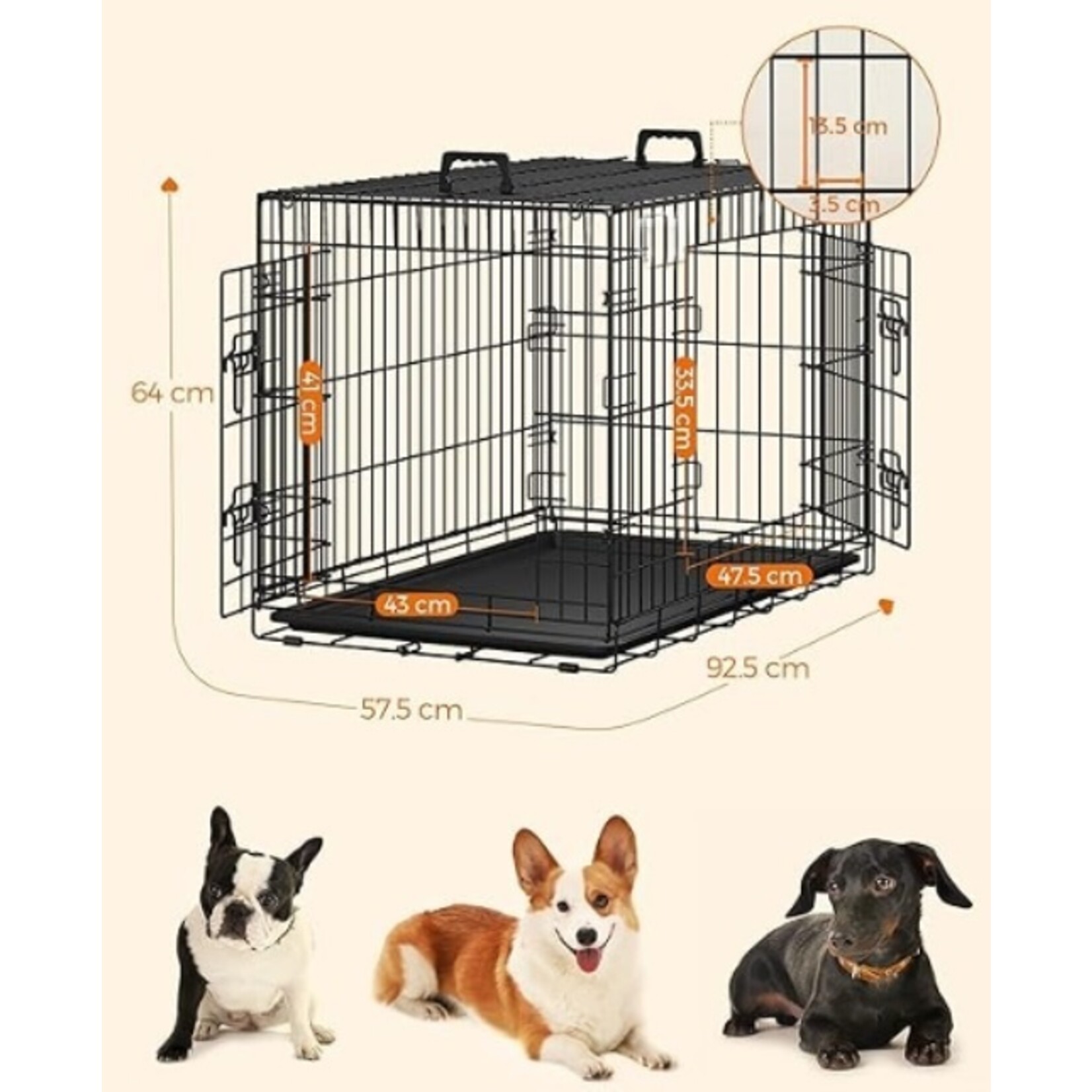 Bobbel Home Bobble Home - Dog cage 2 doors - dog crate - transport crate folding wire cage - cat, rabbit, poultry cage - black 122 x 74,5 x 80,5 cm