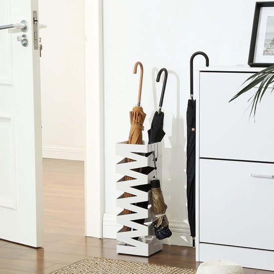 Bobbel Home - parapluhouder, metaal, parapluhouder, vierkant, 4 haken en een afneembare wateropvangbak, 15,5 x 15,5 x 49 cm, wit
